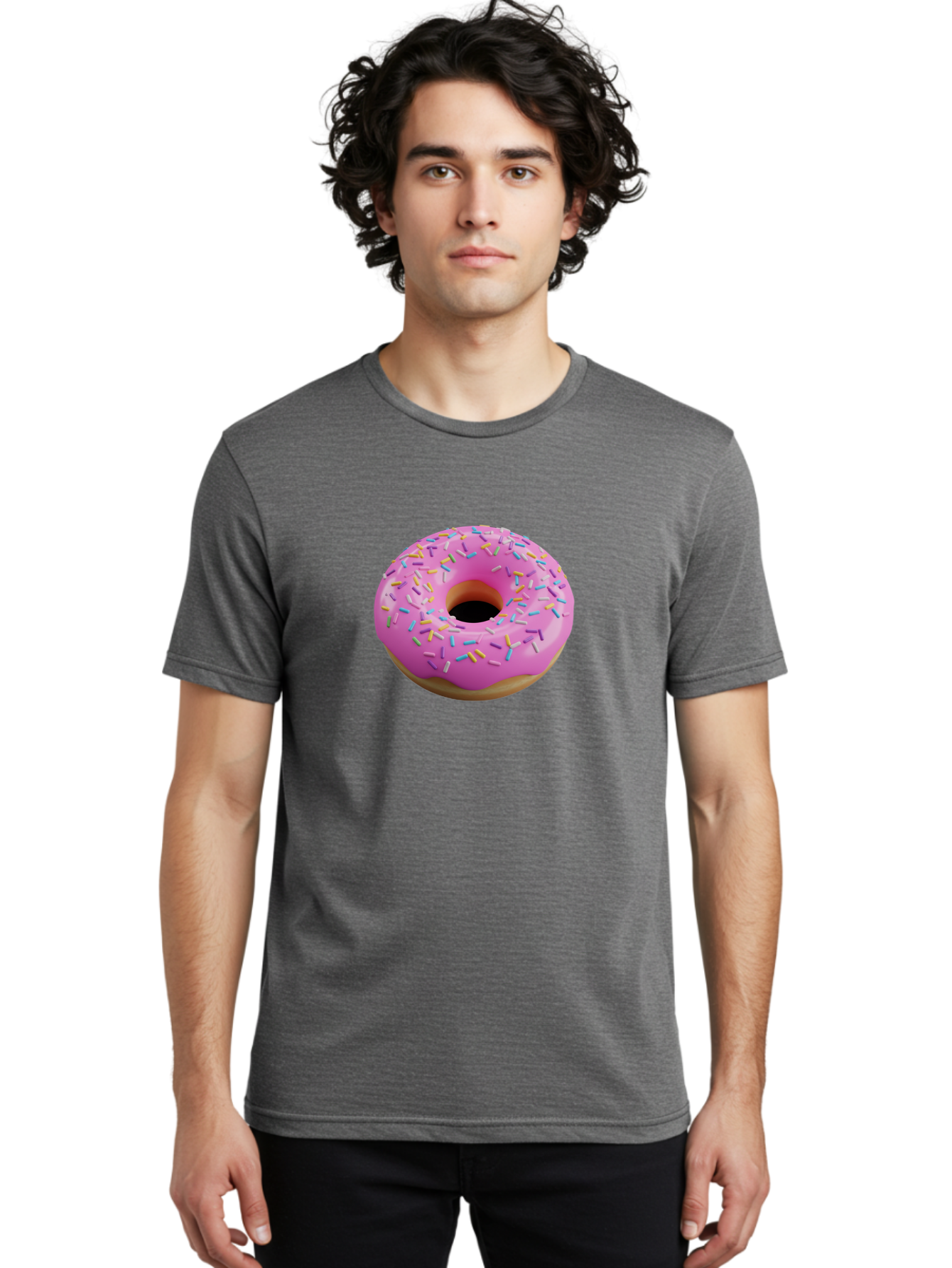 Pink-Donut-With-Sprinkles-3 Men'S Graphic Tee, 100% Cotton, Comfortable Casual Summer Wear, Machine Washable, Pink Donut With Sprinkles, Sweet Treats, Colorful Dessert, Donut With Frosting, Sprinkles On Donut, Dessert Graphics, 3D Donut Image, Bab160
