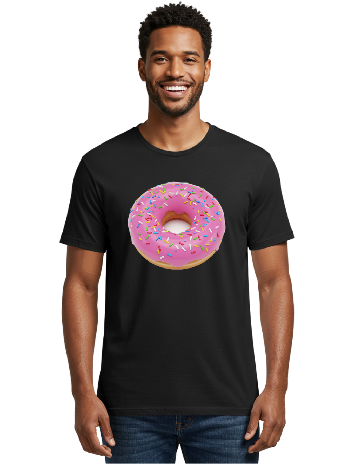 Pink-Donut-With-Sprinkles Men'S Graphic Tee, 100% Cotton, Comfortable Casual Summer Wear, Machine Washable, Pink Frosted Donut, Colorful Sprinkles, Sweet Treats, Baked Goods, Dessert, Tasty, Doughnut, Sprinkles, Sweet Tooth, Colorful Dessert Bab161