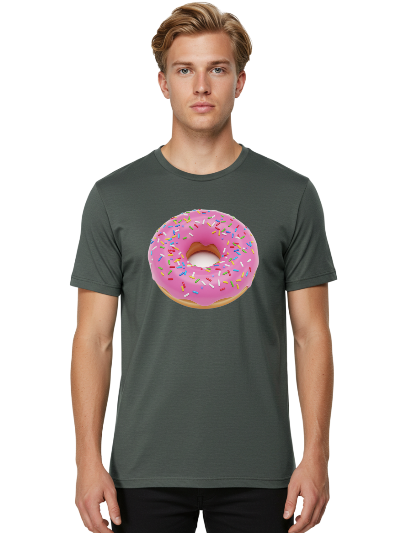 Pink-Donut-With-Sprinkles Men'S Graphic Tee, 100% Cotton, Comfortable Casual Summer Wear, Machine Washable, Pink Frosted Donut, Colorful Sprinkles, Sweet Treats, Baked Goods, Dessert, Tasty, Doughnut, Sprinkles, Sweet Tooth, Colorful Dessert Bab161