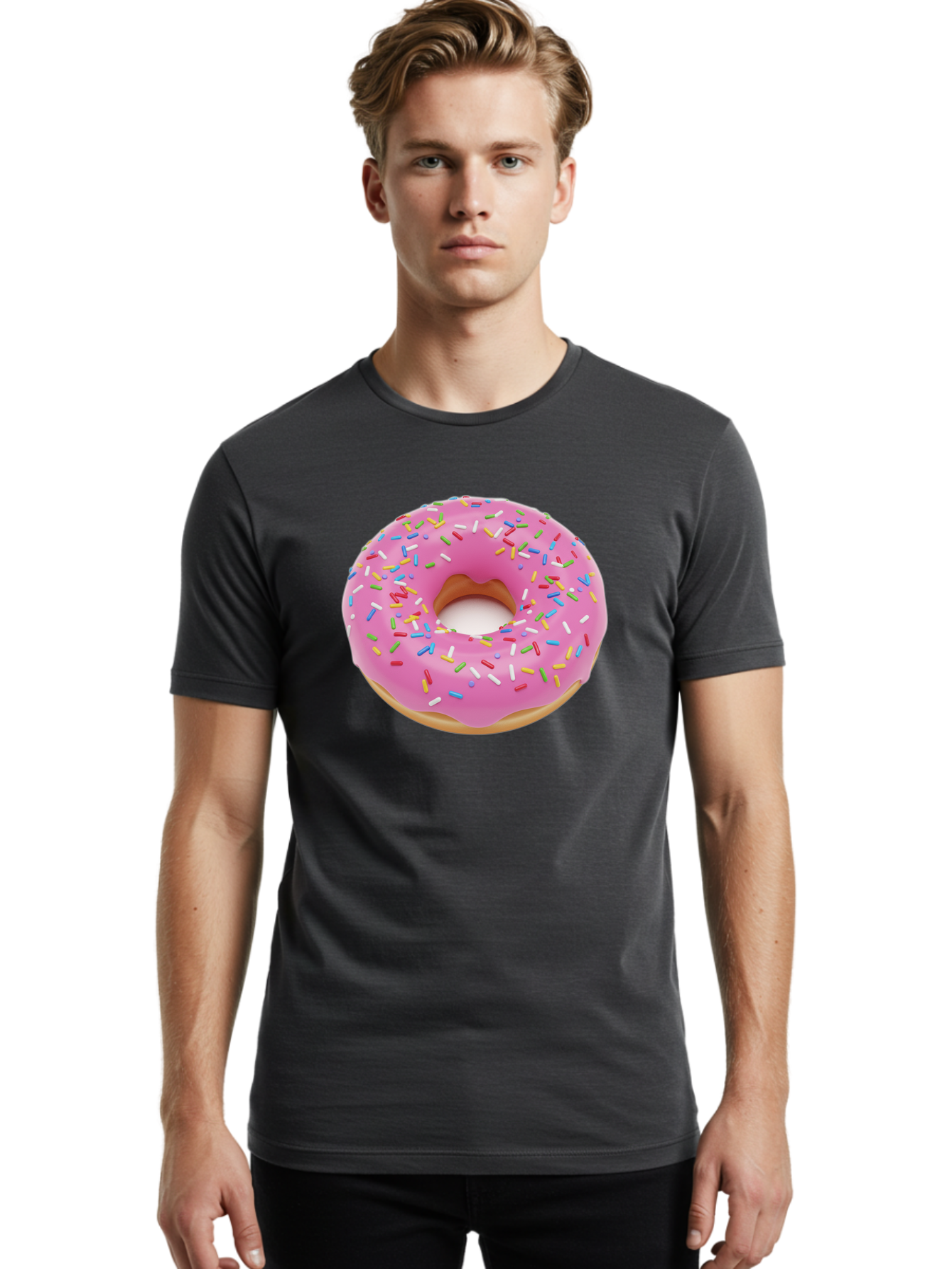 Pink-Donut-With-Sprinkles Men'S Graphic Tee, 100% Cotton, Comfortable Casual Summer Wear, Machine Washable, Pink Frosted Donut, Colorful Sprinkles, Sweet Treats, Baked Goods, Dessert, Tasty, Doughnut, Sprinkles, Sweet Tooth, Colorful Dessert Bab161