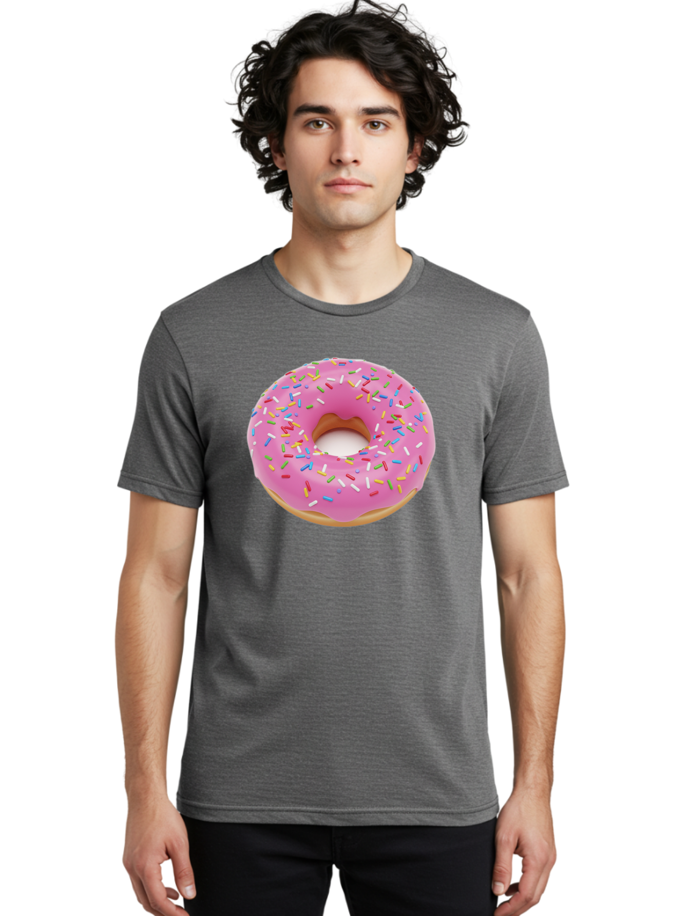 Pink-Donut-With-Sprinkles Men'S Graphic Tee, 100% Cotton, Comfortable Casual Summer Wear, Machine Washable, Pink Frosted Donut, Colorful Sprinkles, Sweet Treats, Baked Goods, Dessert, Tasty, Doughnut, Sprinkles, Sweet Tooth, Colorful Dessert Bab161