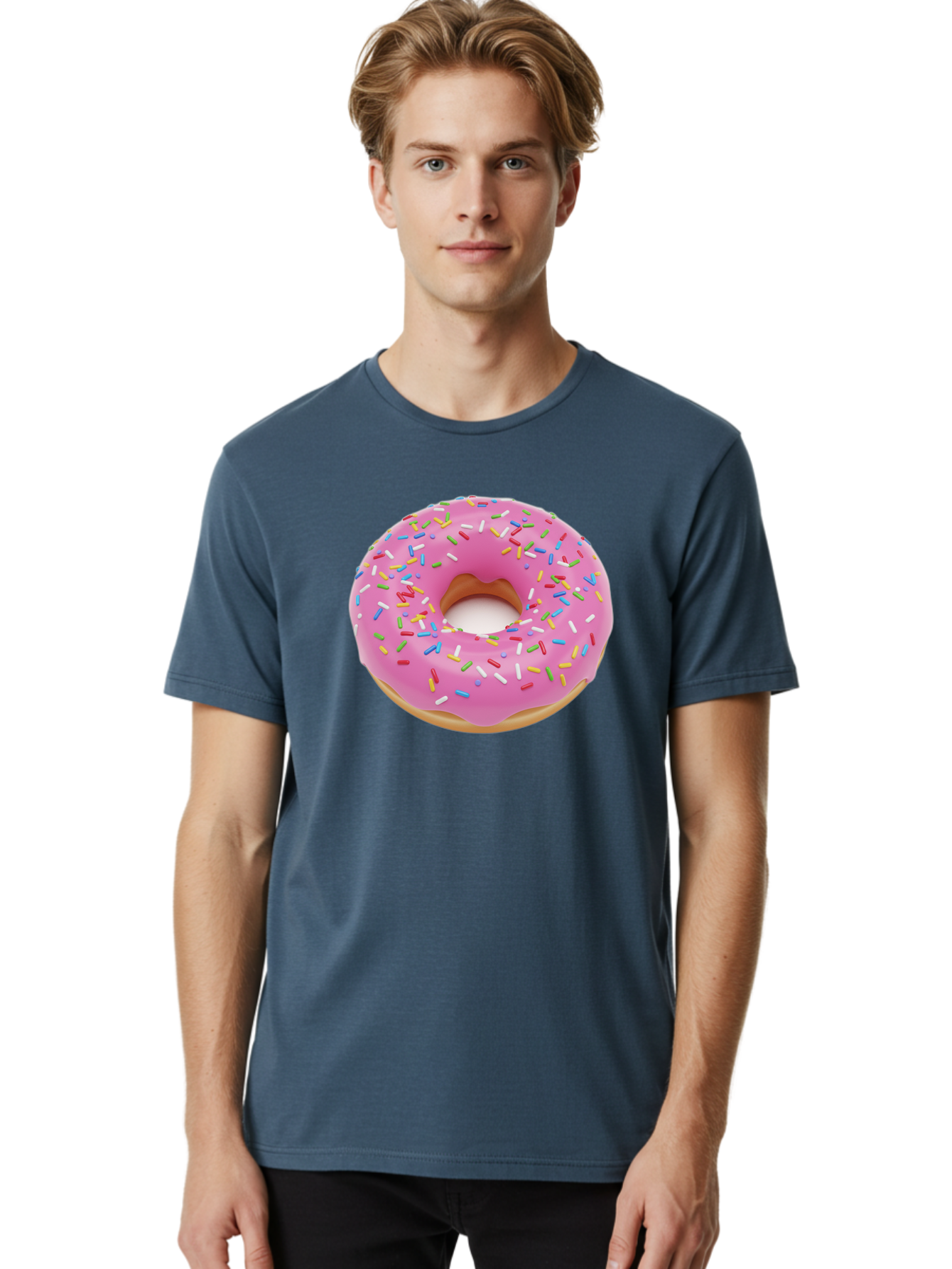 Pink-Donut-With-Sprinkles Men'S Graphic Tee, 100% Cotton, Comfortable Casual Summer Wear, Machine Washable, Pink Frosted Donut, Colorful Sprinkles, Sweet Treats, Baked Goods, Dessert, Tasty, Doughnut, Sprinkles, Sweet Tooth, Colorful Dessert Bab161
