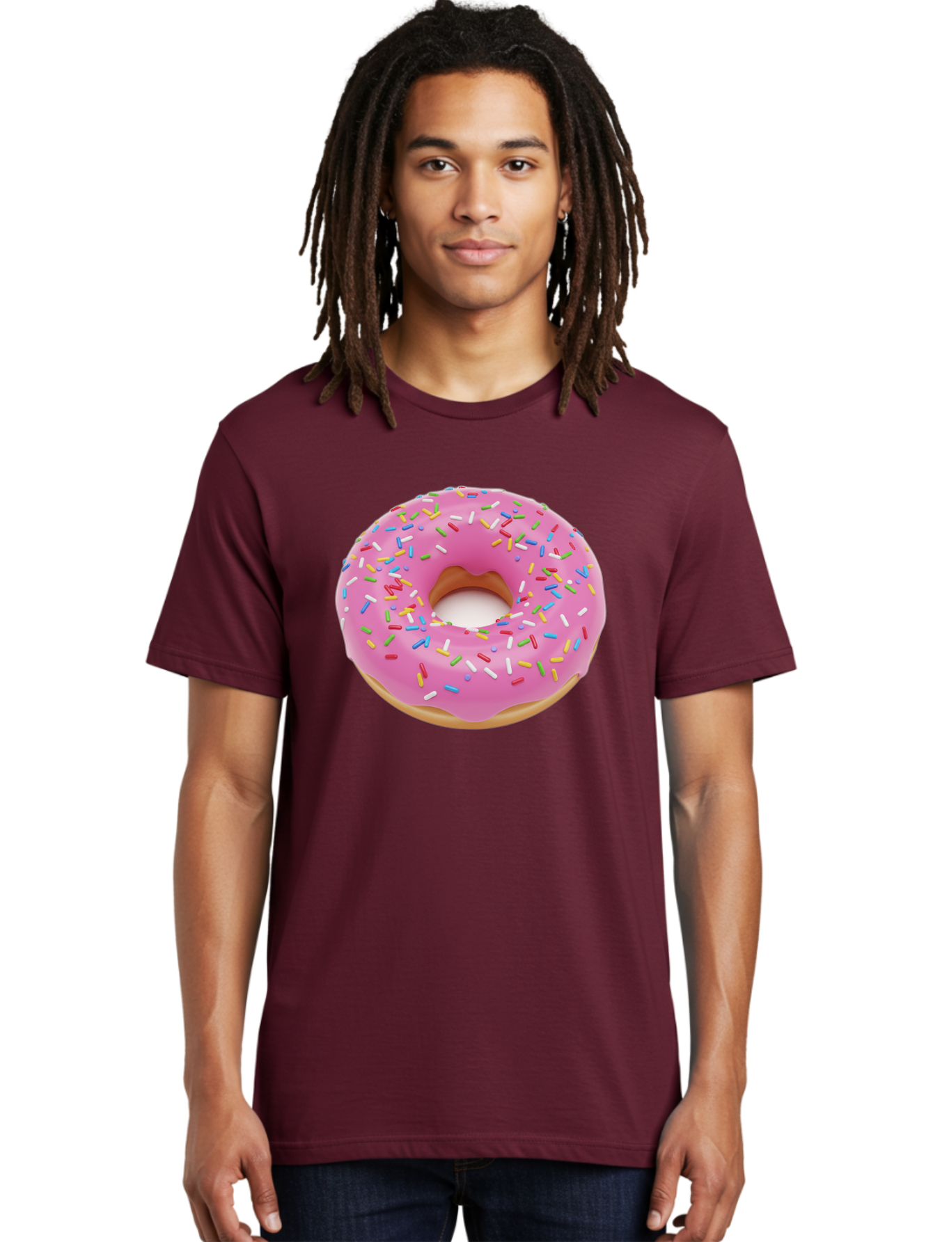 Pink-Donut-With-Sprinkles Men'S Graphic Tee, 100% Cotton, Comfortable Casual Summer Wear, Machine Washable, Pink Frosted Donut, Colorful Sprinkles, Sweet Treats, Baked Goods, Dessert, Tasty, Doughnut, Sprinkles, Sweet Tooth, Colorful Dessert Bab161