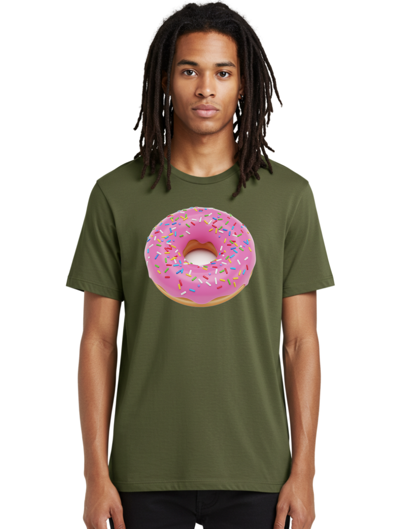 Pink-Donut-With-Sprinkles Men'S Graphic Tee, 100% Cotton, Comfortable Casual Summer Wear, Machine Washable, Pink Frosted Donut, Colorful Sprinkles, Sweet Treats, Baked Goods, Dessert, Tasty, Doughnut, Sprinkles, Sweet Tooth, Colorful Dessert Bab161