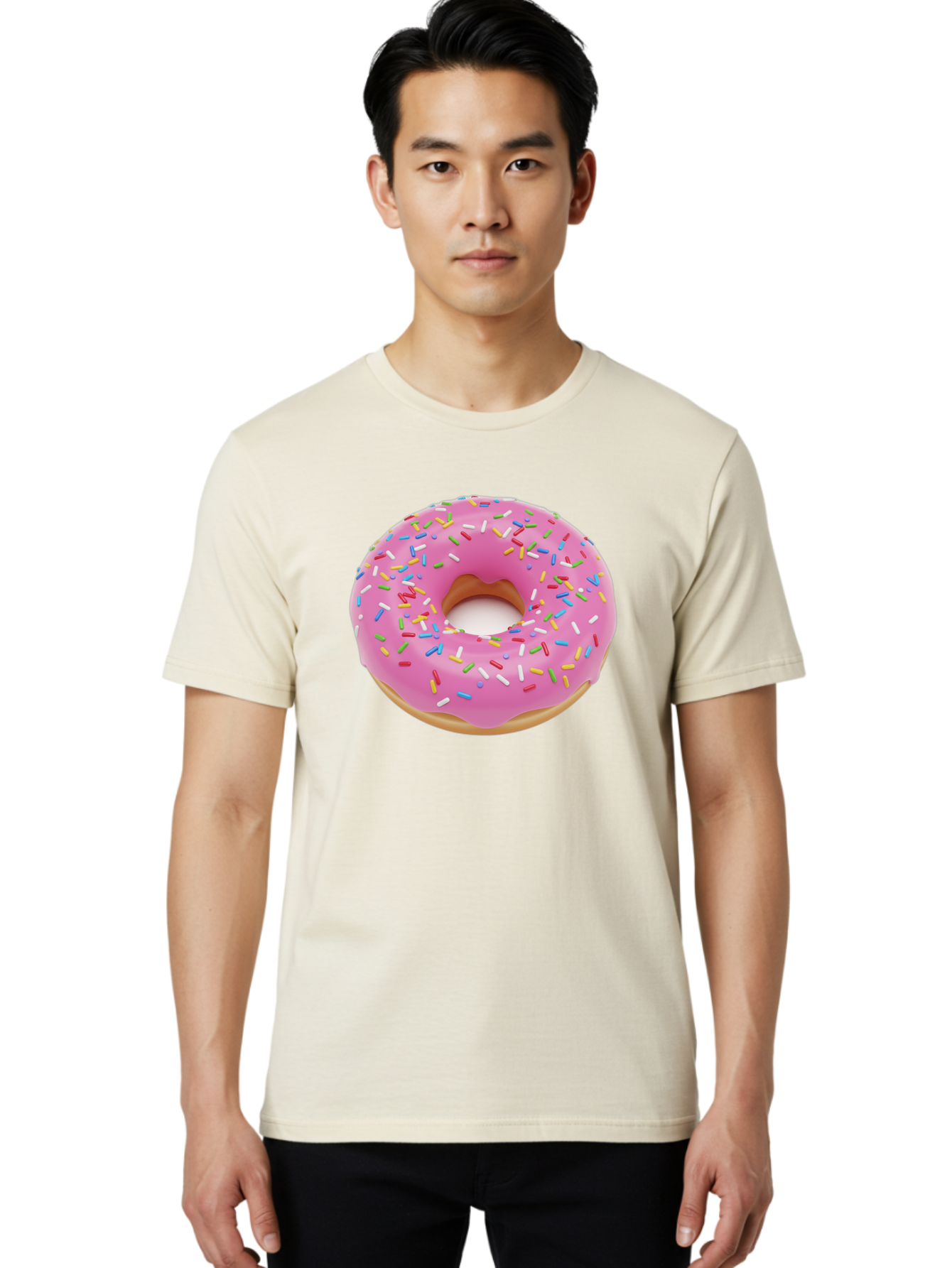 Pink-Donut-With-Sprinkles Men'S Graphic Tee, 100% Cotton, Comfortable Casual Summer Wear, Machine Washable, Pink Frosted Donut, Colorful Sprinkles, Sweet Treats, Baked Goods, Dessert, Tasty, Doughnut, Sprinkles, Sweet Tooth, Colorful Dessert Bab161