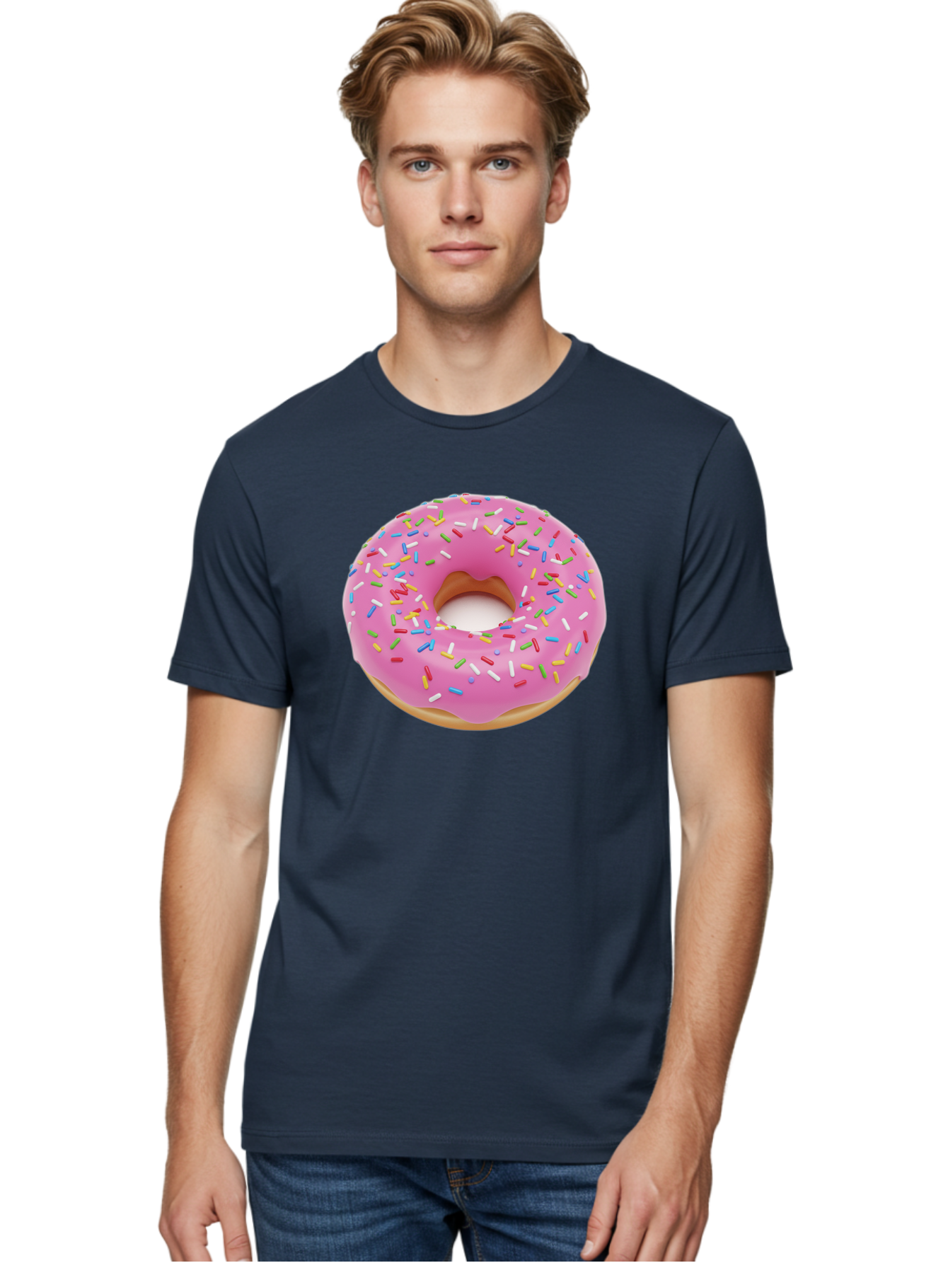 Pink-Donut-With-Sprinkles Men'S Graphic Tee, 100% Cotton, Comfortable Casual Summer Wear, Machine Washable, Pink Frosted Donut, Colorful Sprinkles, Sweet Treats, Baked Goods, Dessert, Tasty, Doughnut, Sprinkles, Sweet Tooth, Colorful Dessert Bab161