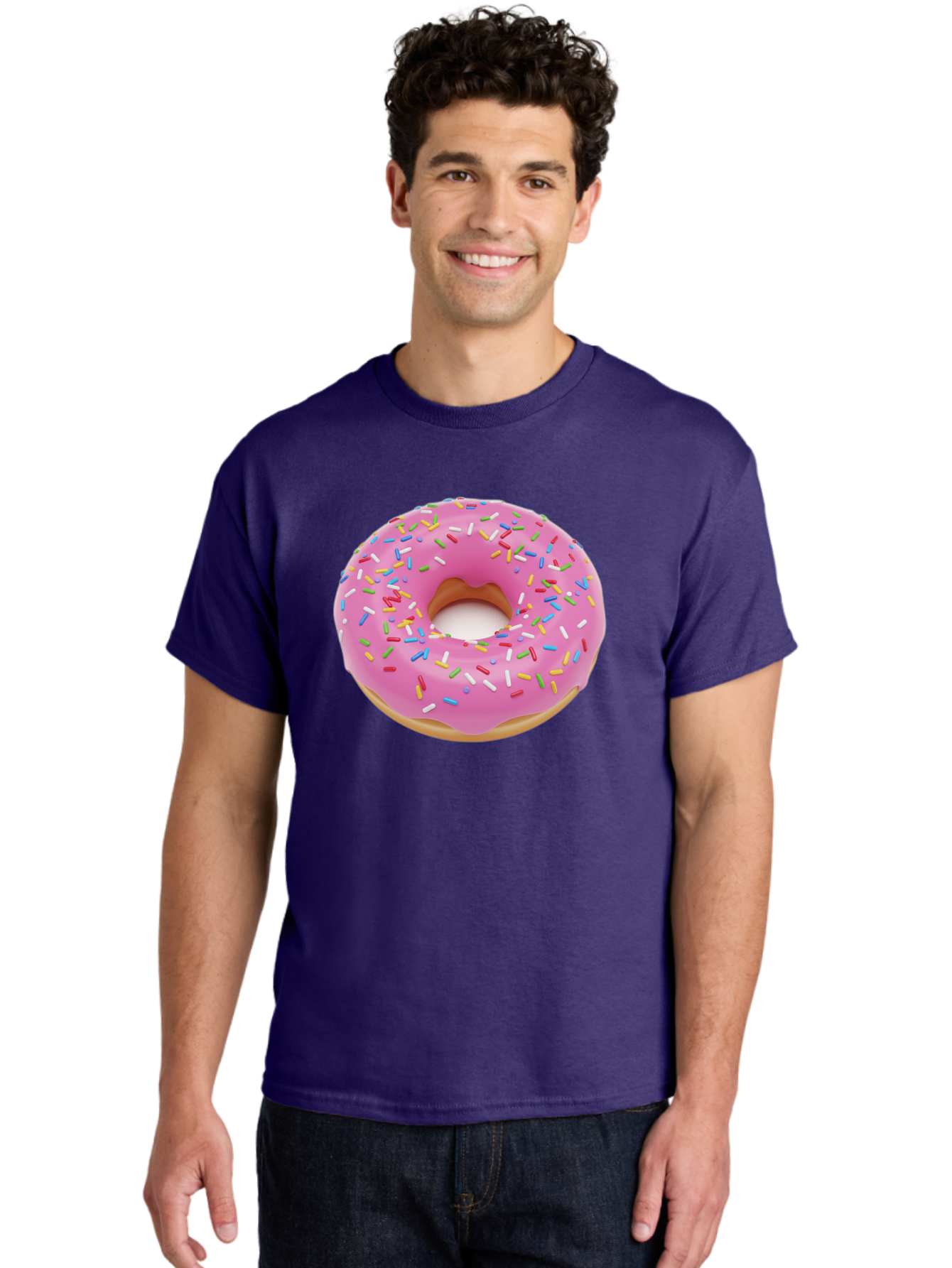 Pink-Donut-With-Sprinkles Men'S Graphic Tee, 100% Cotton, Comfortable Casual Summer Wear, Machine Washable, Pink Frosted Donut, Colorful Sprinkles, Sweet Treats, Baked Goods, Dessert, Tasty, Doughnut, Sprinkles, Sweet Tooth, Colorful Dessert Bab161