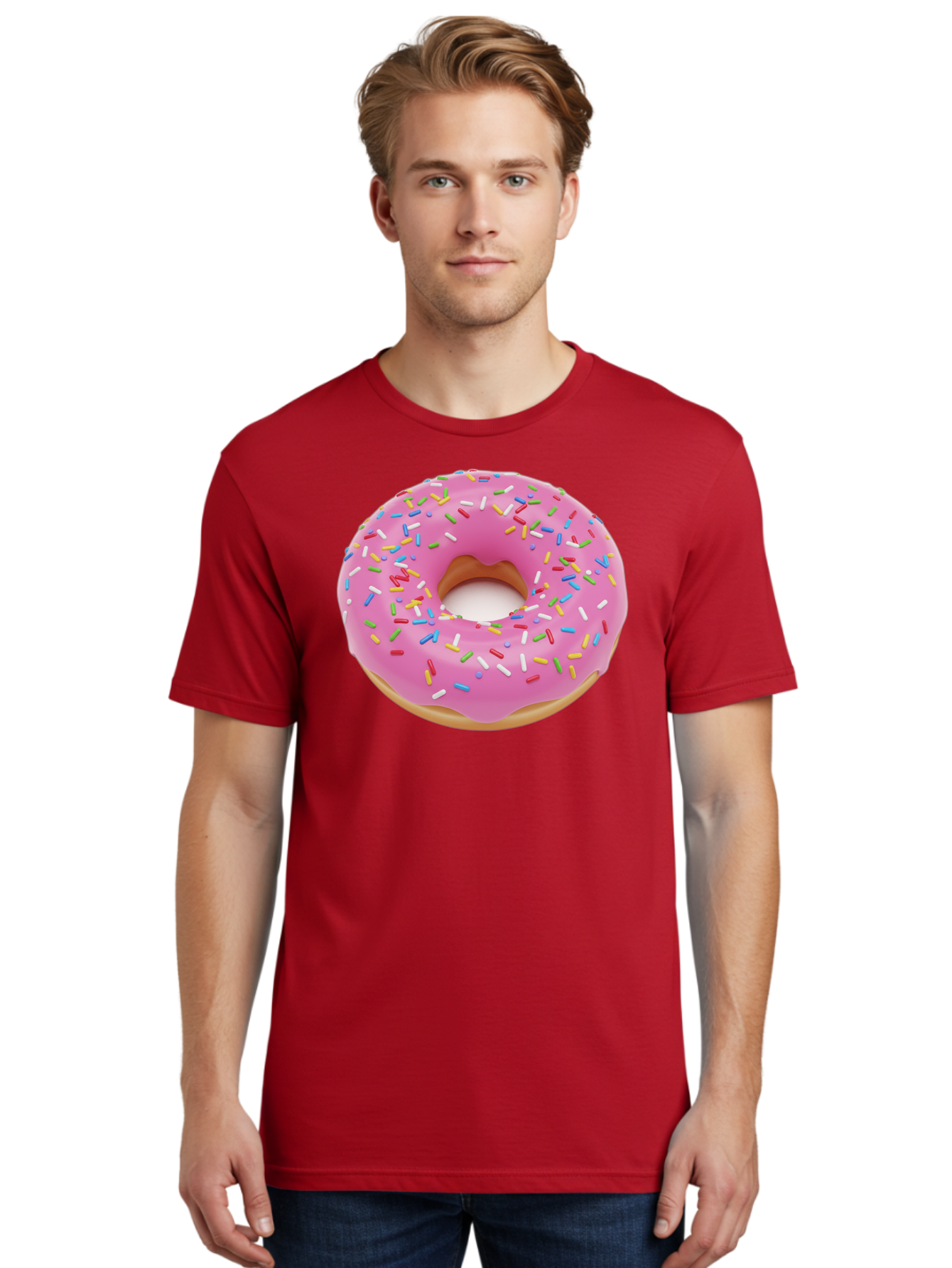 Pink-Donut-With-Sprinkles Men'S Graphic Tee, 100% Cotton, Comfortable Casual Summer Wear, Machine Washable, Pink Frosted Donut, Colorful Sprinkles, Sweet Treats, Baked Goods, Dessert, Tasty, Doughnut, Sprinkles, Sweet Tooth, Colorful Dessert Bab161
