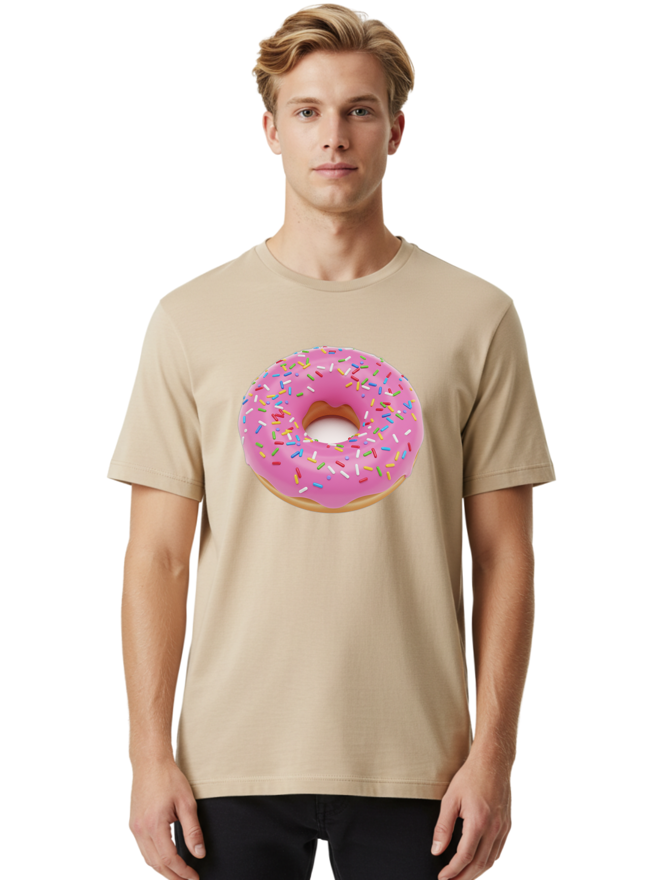 Pink-Donut-With-Sprinkles Men'S Graphic Tee, 100% Cotton, Comfortable Casual Summer Wear, Machine Washable, Pink Frosted Donut, Colorful Sprinkles, Sweet Treats, Baked Goods, Dessert, Tasty, Doughnut, Sprinkles, Sweet Tooth, Colorful Dessert Bab161