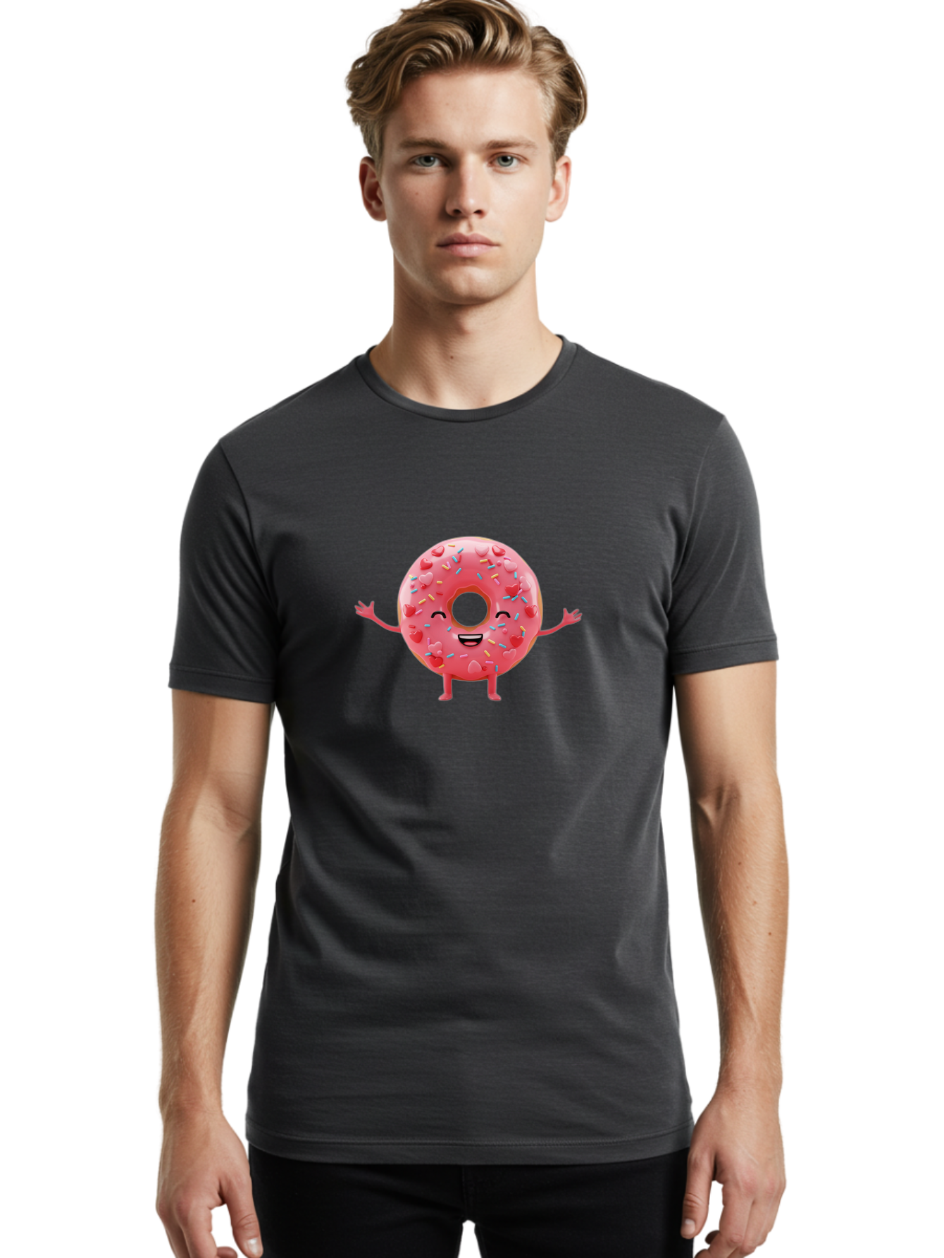 Pink-Donut Men'S Graphic Tee, 100% Cotton, Comfortable Casual Summer Wear, Machine Washable, Happy Donut, Pink Frosting, Colorful Sprinkles, Cheerful Character, Cartoon Donut, Smiling Face, Donut With Arms Bab162