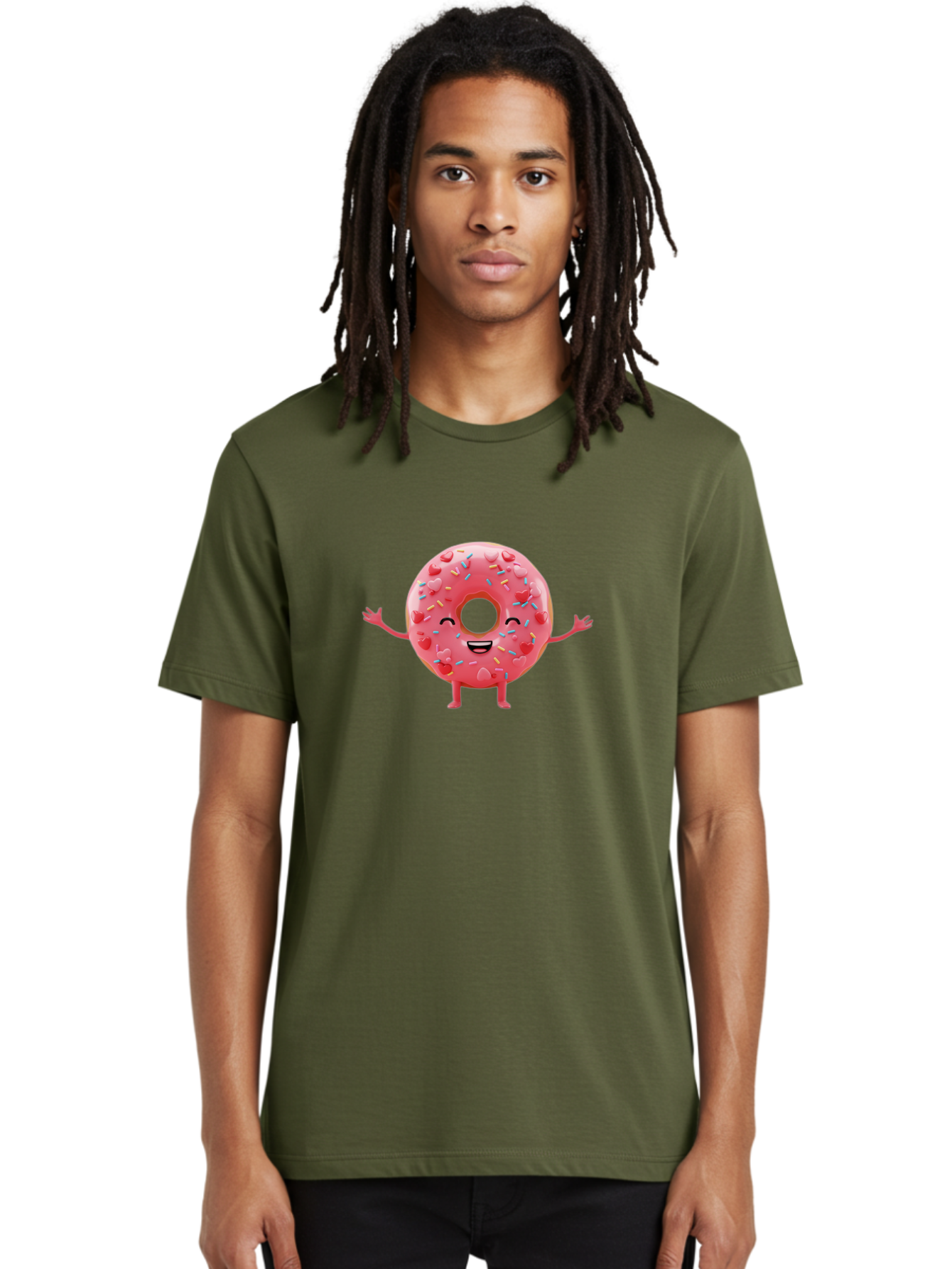 Pink-Donut Men'S Graphic Tee, 100% Cotton, Comfortable Casual Summer Wear, Machine Washable, Happy Donut, Pink Frosting, Colorful Sprinkles, Cheerful Character, Cartoon Donut, Smiling Face, Donut With Arms Bab162