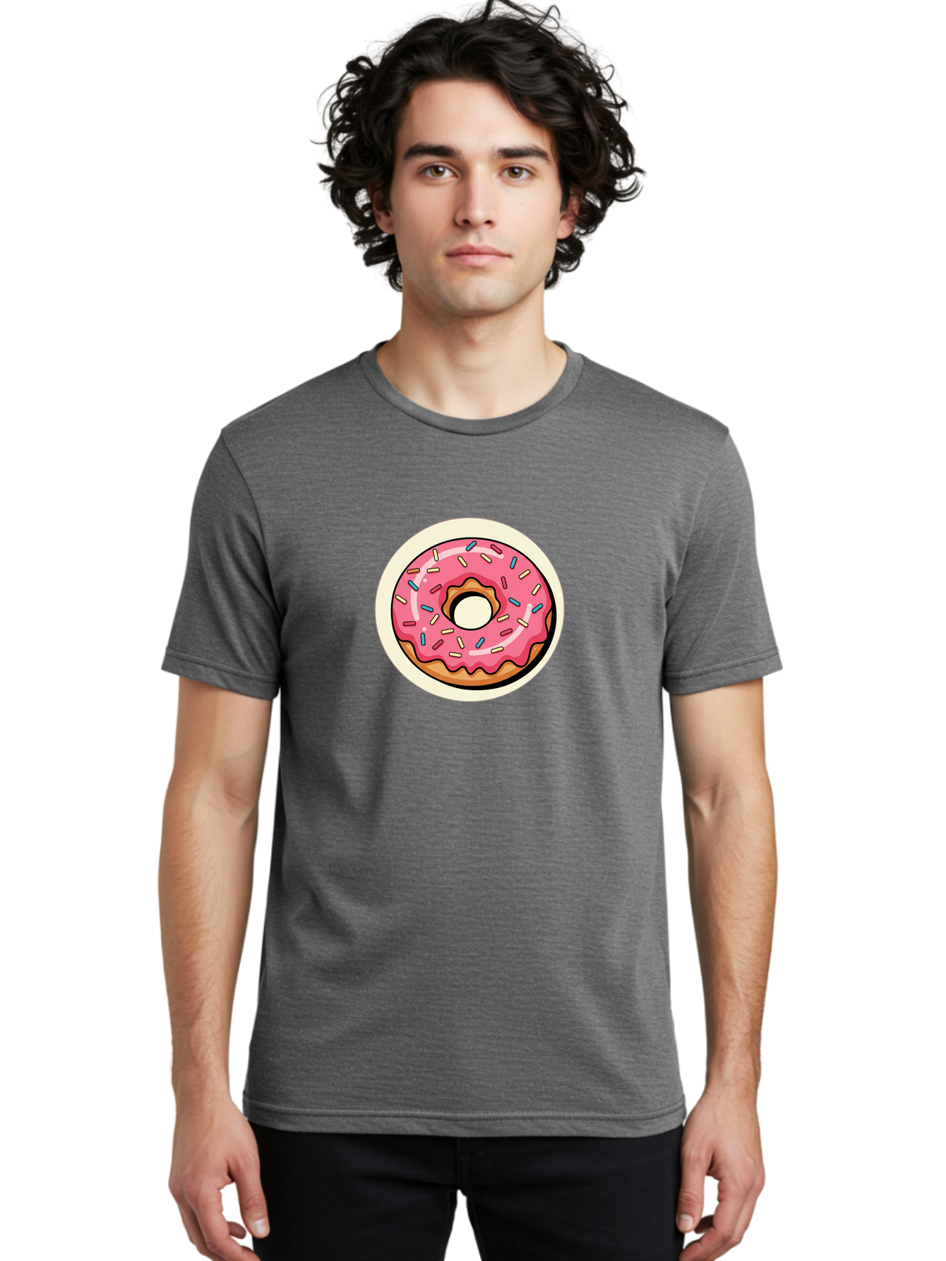 Pink-Frosted-Donut-1 Men'S Graphic Tee, 100% Cotton, Comfortable Casual Summer Wear, Machine Washable, Donut With Pink Frosting, Sprinkles On Donut, Sweet Treats, Dessert Ideas, Colorful Donut, Baking Inspiration, Tasty Pastry, Glazed Donut Bab164
