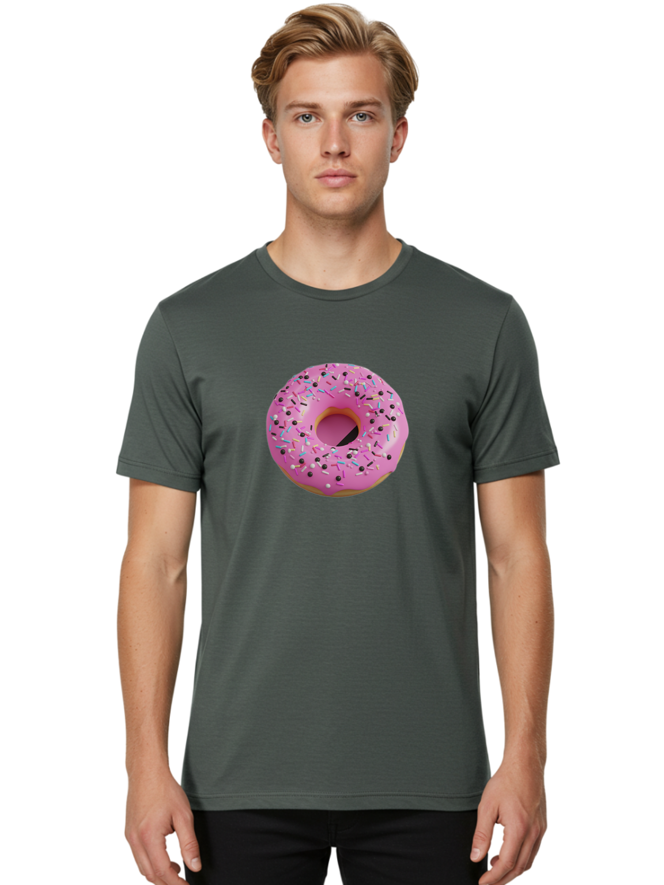 Pink-Frosted-Donut Men'S Graphic Tee, 100% Cotton, Comfortable Casual Summer Wear, Machine Washable, Pink Frosted Donut, Sprinkles, Colorful Toppings, Donut Treat, Sweet Delight, Baked Goods, Pastel Colors, Sprinkle Donut, Frosted Dessert Bab165