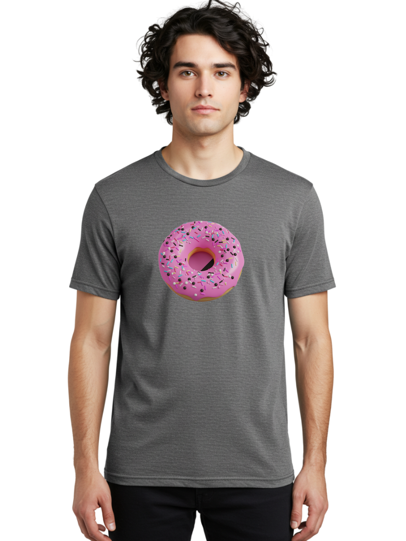 Pink-Frosted-Donut Men'S Graphic Tee, 100% Cotton, Comfortable Casual Summer Wear, Machine Washable, Pink Frosted Donut, Sprinkles, Colorful Toppings, Donut Treat, Sweet Delight, Baked Goods, Pastel Colors, Sprinkle Donut, Frosted Dessert Bab165