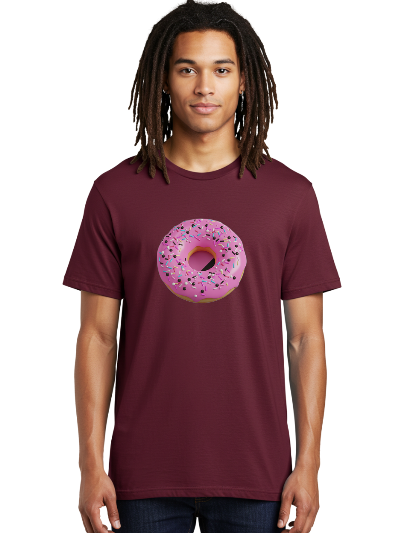 Pink-Frosted-Donut Men'S Graphic Tee, 100% Cotton, Comfortable Casual Summer Wear, Machine Washable, Pink Frosted Donut, Sprinkles, Colorful Toppings, Donut Treat, Sweet Delight, Baked Goods, Pastel Colors, Sprinkle Donut, Frosted Dessert Bab165