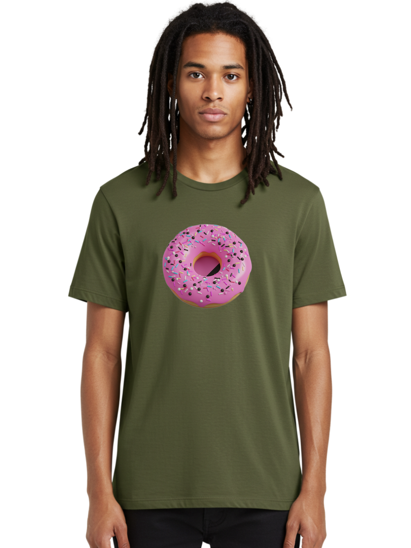 Pink-Frosted-Donut Men'S Graphic Tee, 100% Cotton, Comfortable Casual Summer Wear, Machine Washable, Pink Frosted Donut, Sprinkles, Colorful Toppings, Donut Treat, Sweet Delight, Baked Goods, Pastel Colors, Sprinkle Donut, Frosted Dessert Bab165