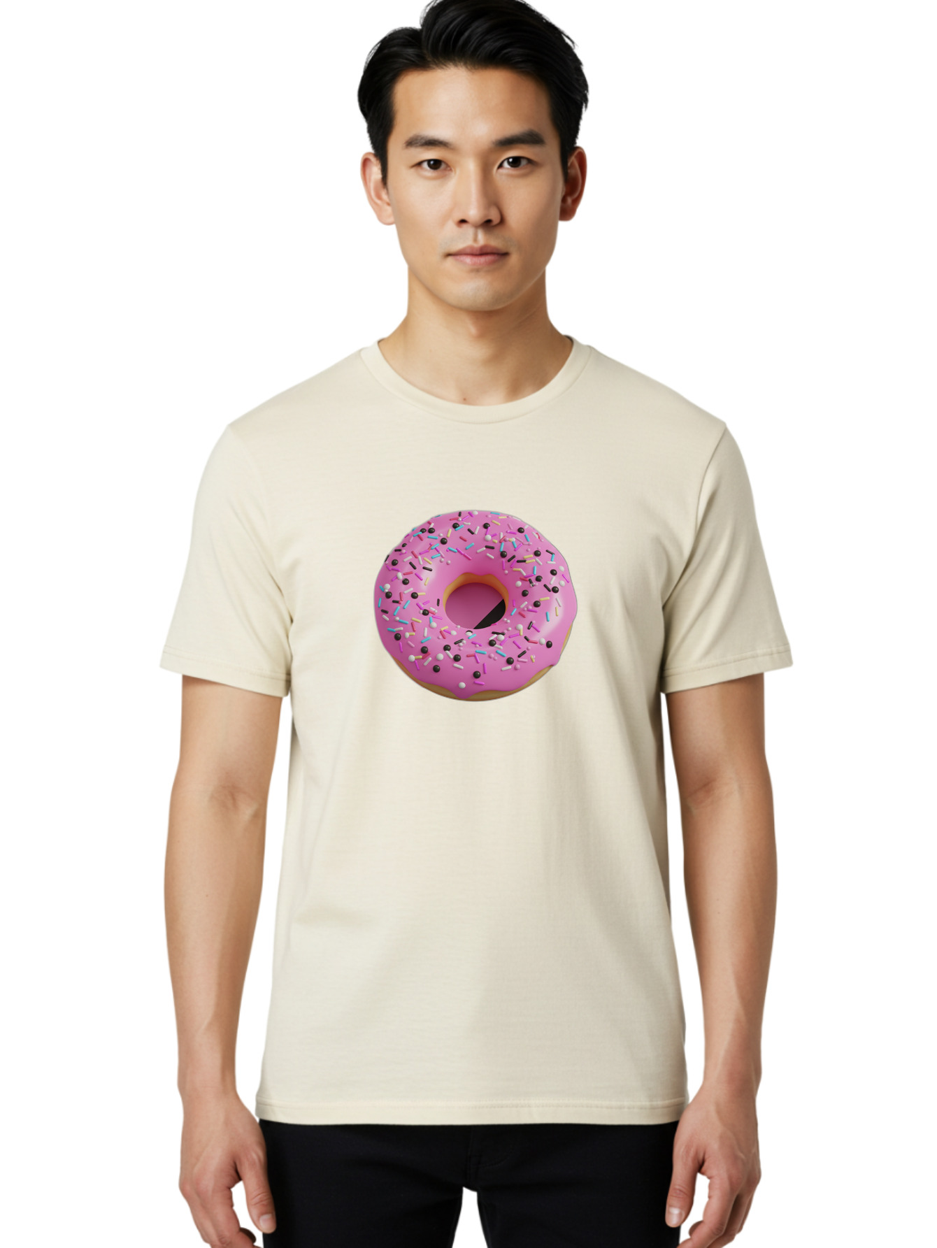 Pink-Frosted-Donut Men'S Graphic Tee, 100% Cotton, Comfortable Casual Summer Wear, Machine Washable, Pink Frosted Donut, Sprinkles, Colorful Toppings, Donut Treat, Sweet Delight, Baked Goods, Pastel Colors, Sprinkle Donut, Frosted Dessert Bab165
