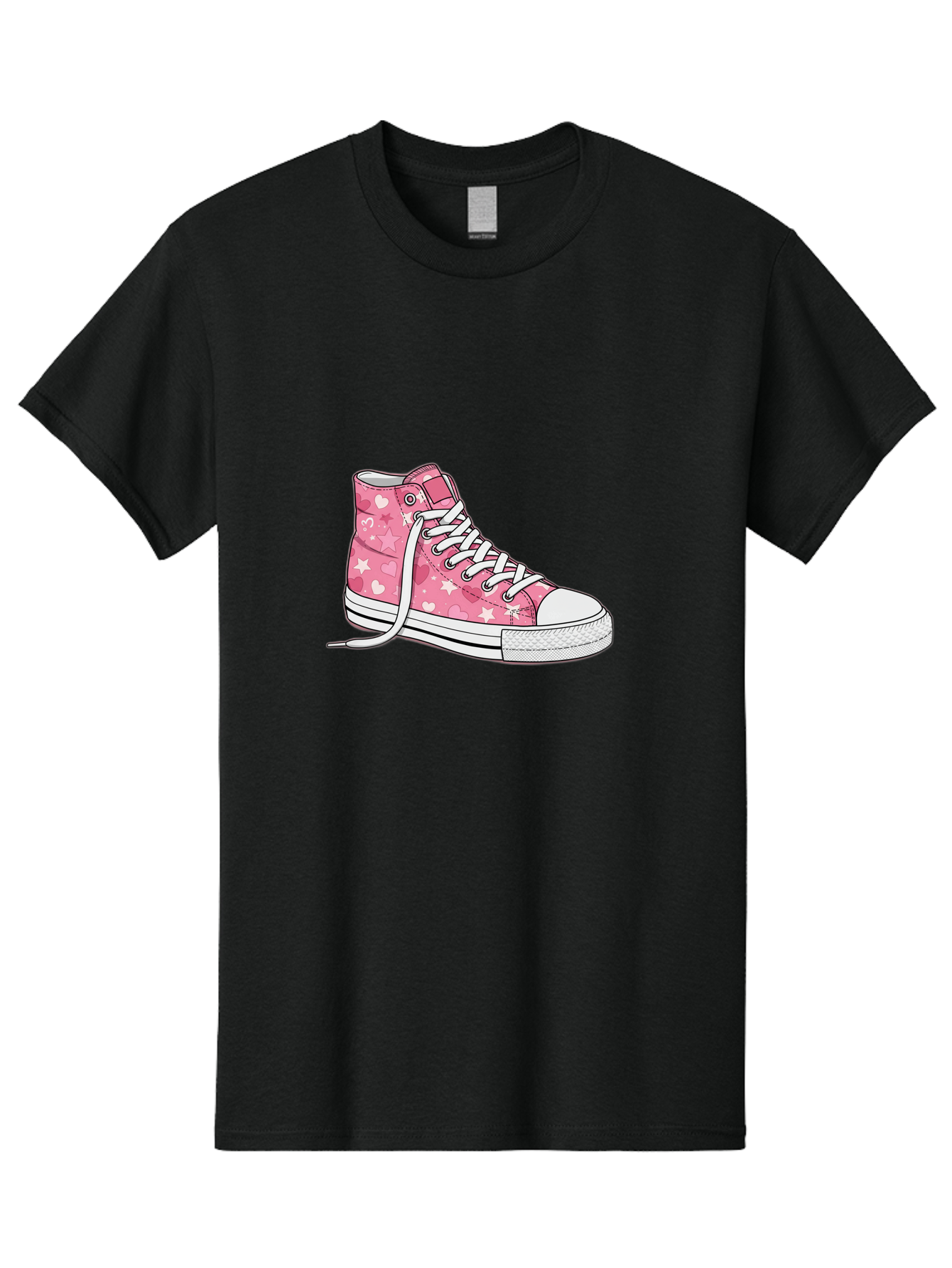 Pink-Heart-Star-Sneaker Men'S Graphic Tee, 100% Cotton, Comfortable Casual Summer Wear, Machine Washable, Pink High-Top Sneaker, White Stars, White Hearts, White Laces, Casual Footwear, Fashion Sneakers, Youth Culture, Cartoon Style, Bab166