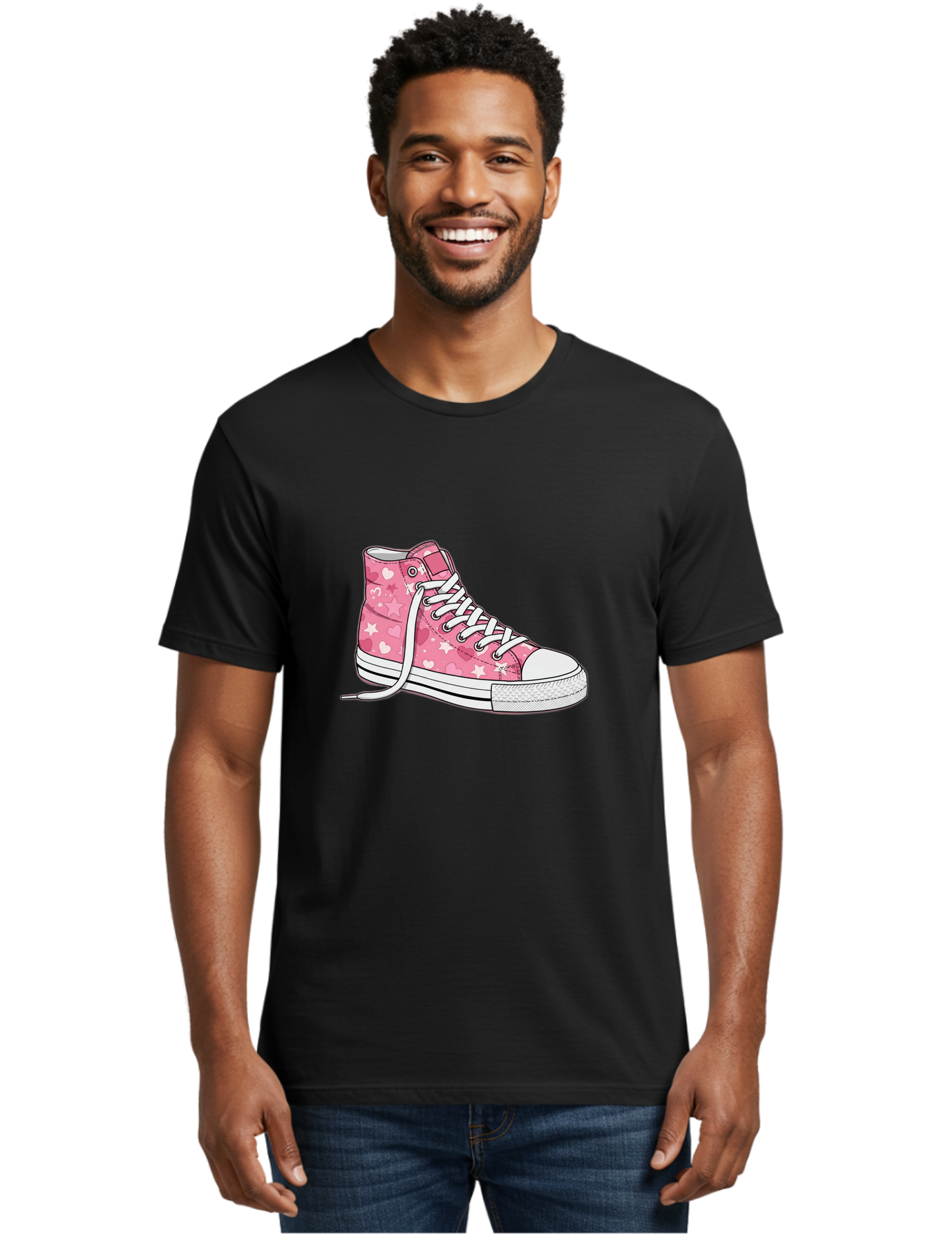 Pink-Heart-Star-Sneaker Men'S Graphic Tee, 100% Cotton, Comfortable Casual Summer Wear, Machine Washable, Pink High-Top Sneaker, White Stars, White Hearts, White Laces, Casual Footwear, Fashion Sneakers, Youth Culture, Cartoon Style, Bab166