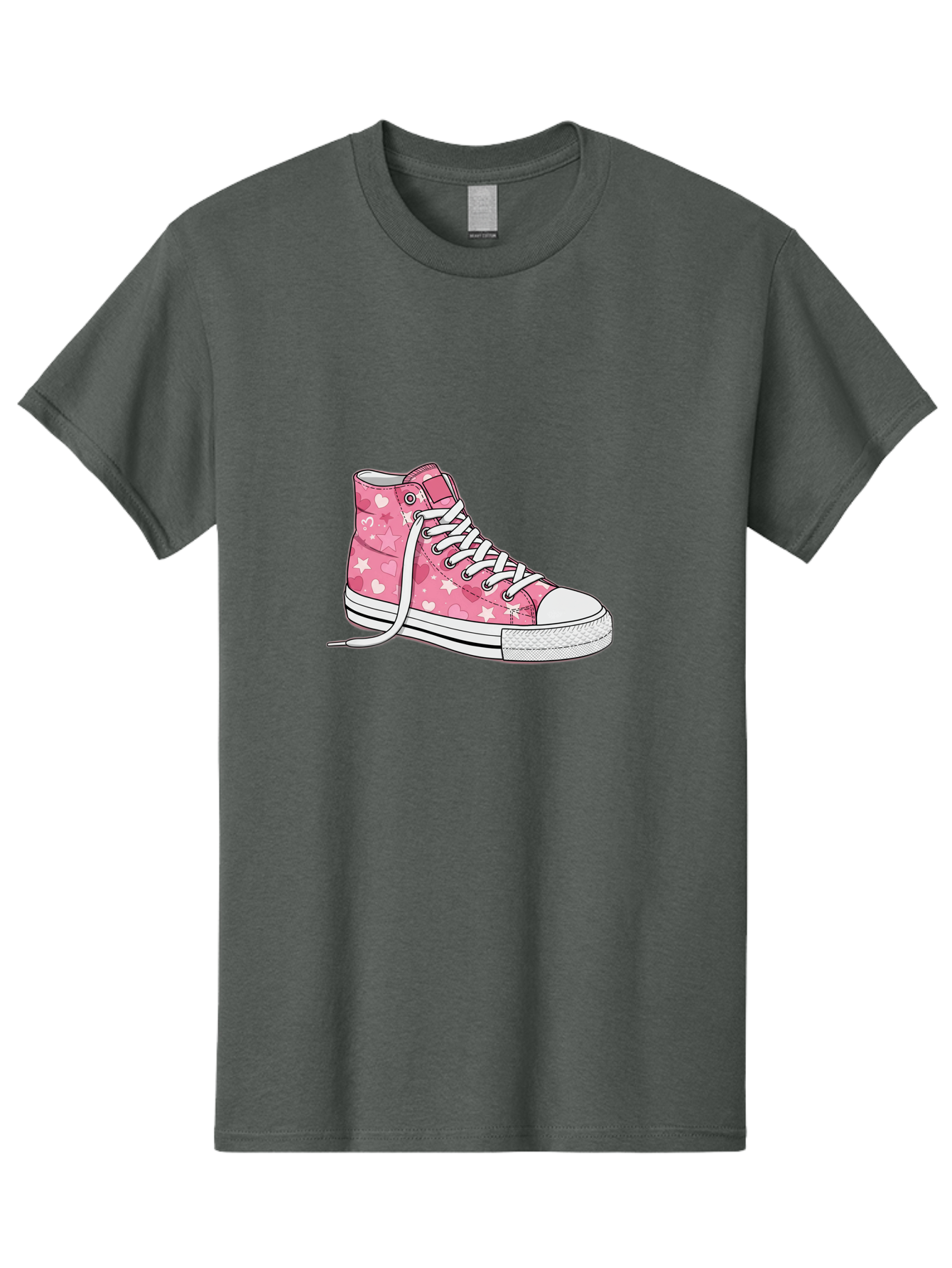 Pink-Heart-Star-Sneaker Men'S Graphic Tee, 100% Cotton, Comfortable Casual Summer Wear, Machine Washable, Pink High-Top Sneaker, White Stars, White Hearts, White Laces, Casual Footwear, Fashion Sneakers, Youth Culture, Cartoon Style, Bab166