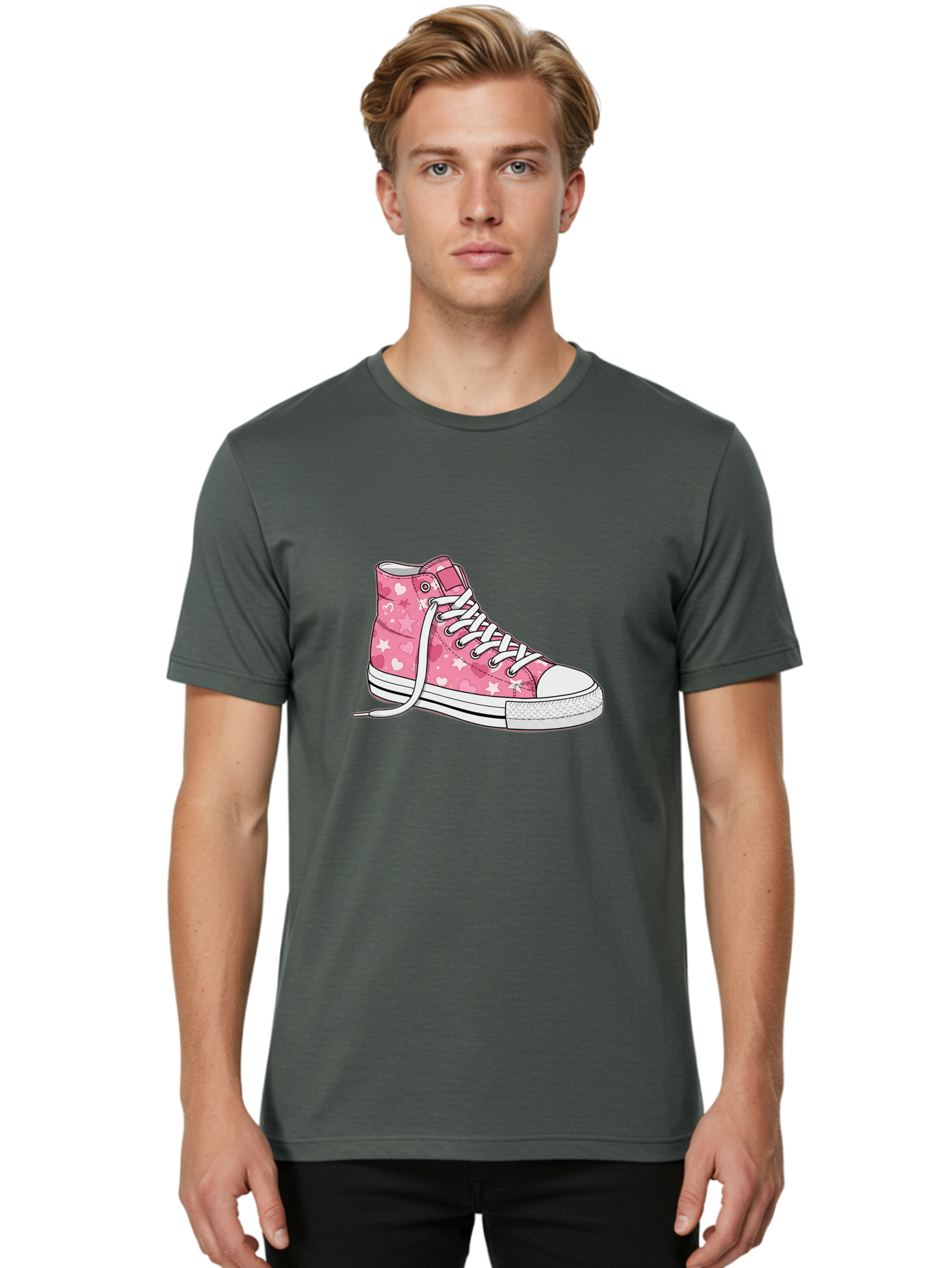 Pink-Heart-Star-Sneaker Men'S Graphic Tee, 100% Cotton, Comfortable Casual Summer Wear, Machine Washable, Pink High-Top Sneaker, White Stars, White Hearts, White Laces, Casual Footwear, Fashion Sneakers, Youth Culture, Cartoon Style, Bab166