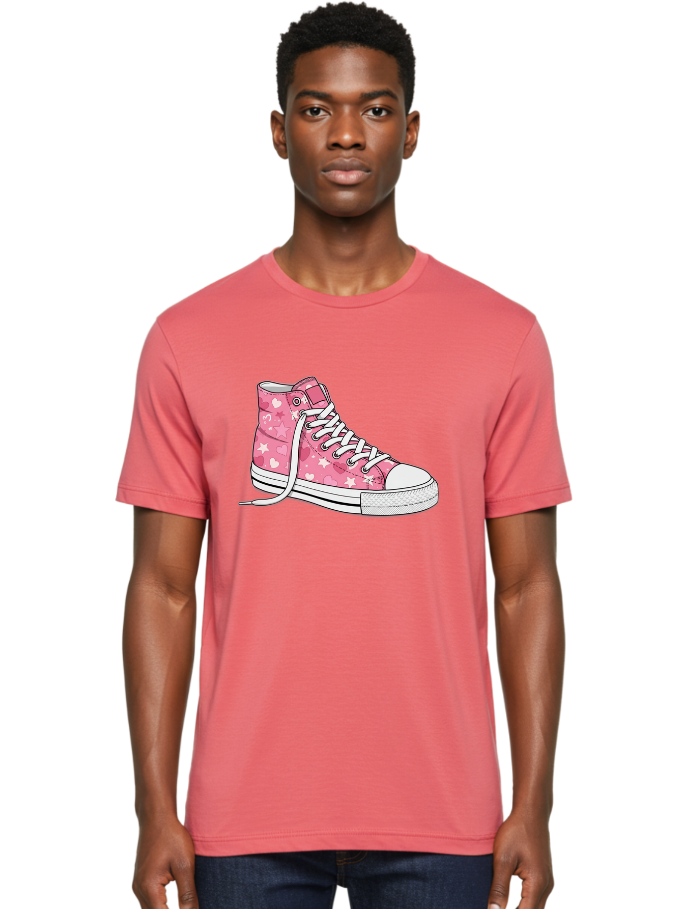 Pink-Heart-Star-Sneaker Men'S Graphic Tee, 100% Cotton, Comfortable Casual Summer Wear, Machine Washable, Pink High-Top Sneaker, White Stars, White Hearts, White Laces, Casual Footwear, Fashion Sneakers, Youth Culture, Cartoon Style, Bab166