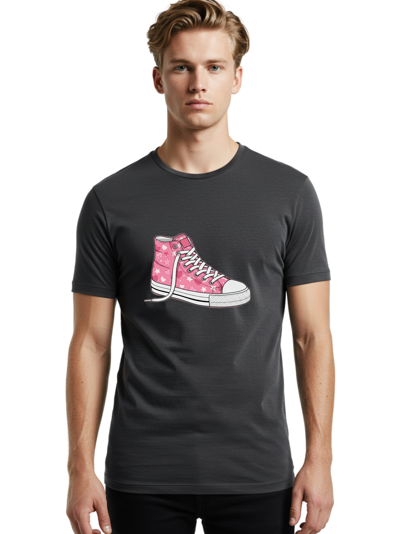 Pink-Heart-Star-Sneaker Men'S Graphic Tee, 100% Cotton, Comfortable Casual Summer Wear, Machine Washable, Pink High-Top Sneaker, White Stars, White Hearts, White Laces, Casual Footwear, Fashion Sneakers, Youth Culture, Cartoon Style, Bab166