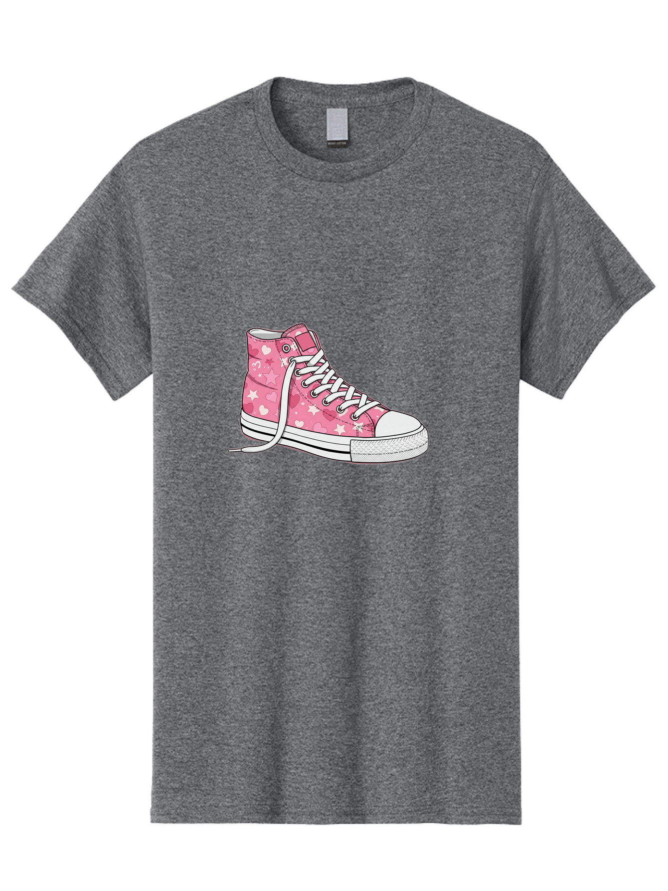 Pink-Heart-Star-Sneaker Men'S Graphic Tee, 100% Cotton, Comfortable Casual Summer Wear, Machine Washable, Pink High-Top Sneaker, White Stars, White Hearts, White Laces, Casual Footwear, Fashion Sneakers, Youth Culture, Cartoon Style, Bab166
