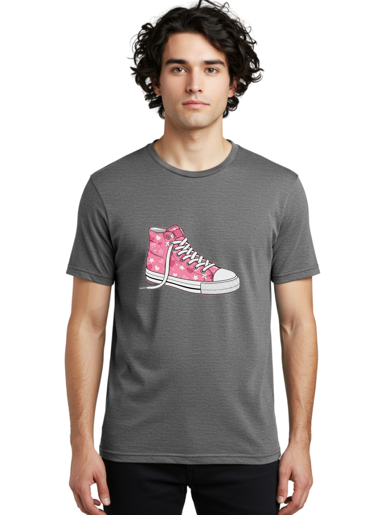 Pink-Heart-Star-Sneaker Men'S Graphic Tee, 100% Cotton, Comfortable Casual Summer Wear, Machine Washable, Pink High-Top Sneaker, White Stars, White Hearts, White Laces, Casual Footwear, Fashion Sneakers, Youth Culture, Cartoon Style, Bab166