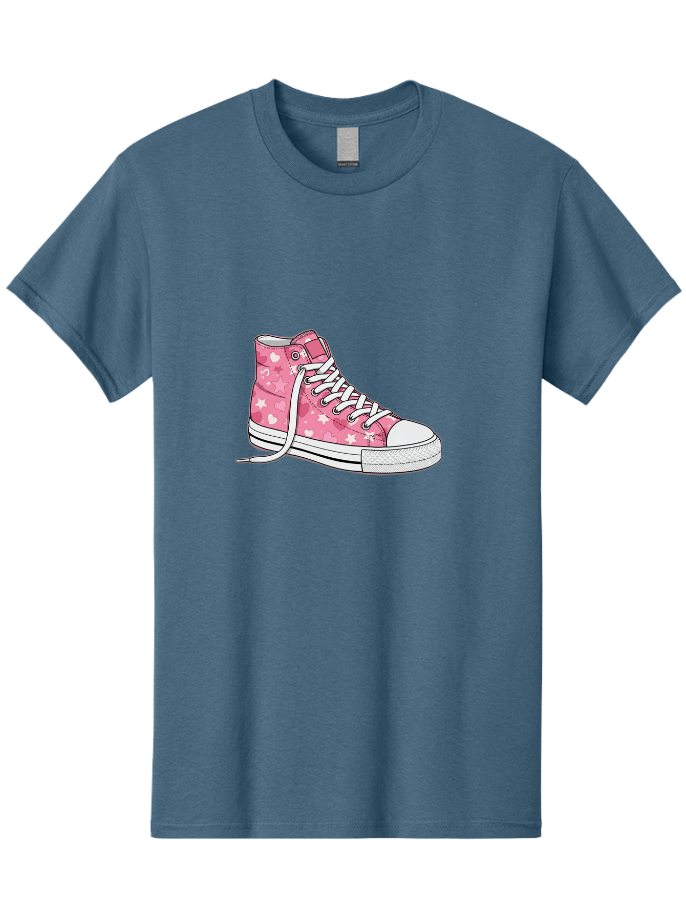 Pink-Heart-Star-Sneaker Men'S Graphic Tee, 100% Cotton, Comfortable Casual Summer Wear, Machine Washable, Pink High-Top Sneaker, White Stars, White Hearts, White Laces, Casual Footwear, Fashion Sneakers, Youth Culture, Cartoon Style, Bab166