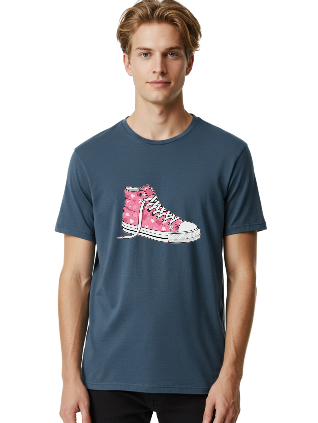 Pink-Heart-Star-Sneaker Men'S Graphic Tee, 100% Cotton, Comfortable Casual Summer Wear, Machine Washable, Pink High-Top Sneaker, White Stars, White Hearts, White Laces, Casual Footwear, Fashion Sneakers, Youth Culture, Cartoon Style, Bab166