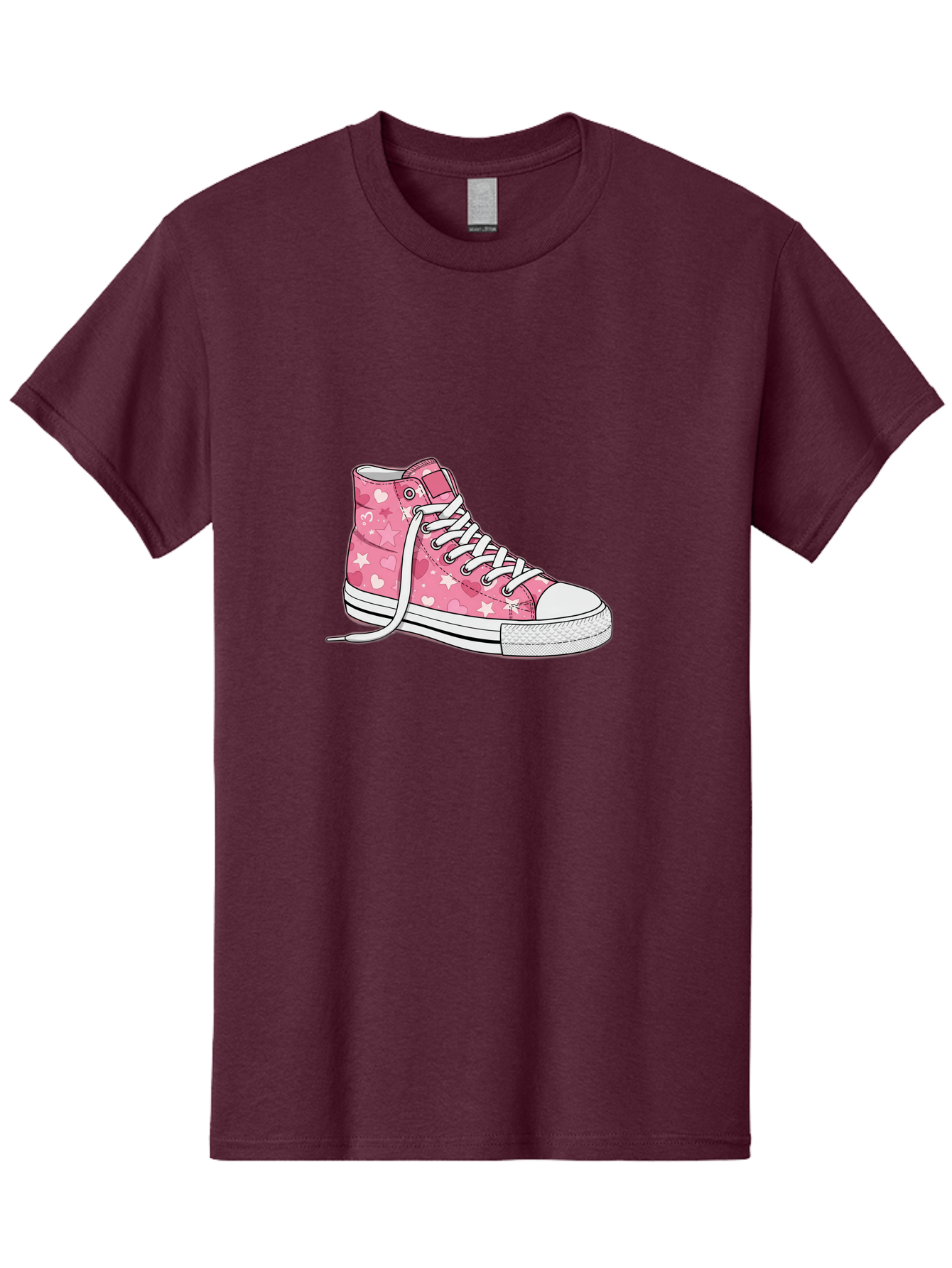 Pink-Heart-Star-Sneaker Men'S Graphic Tee, 100% Cotton, Comfortable Casual Summer Wear, Machine Washable, Pink High-Top Sneaker, White Stars, White Hearts, White Laces, Casual Footwear, Fashion Sneakers, Youth Culture, Cartoon Style, Bab166