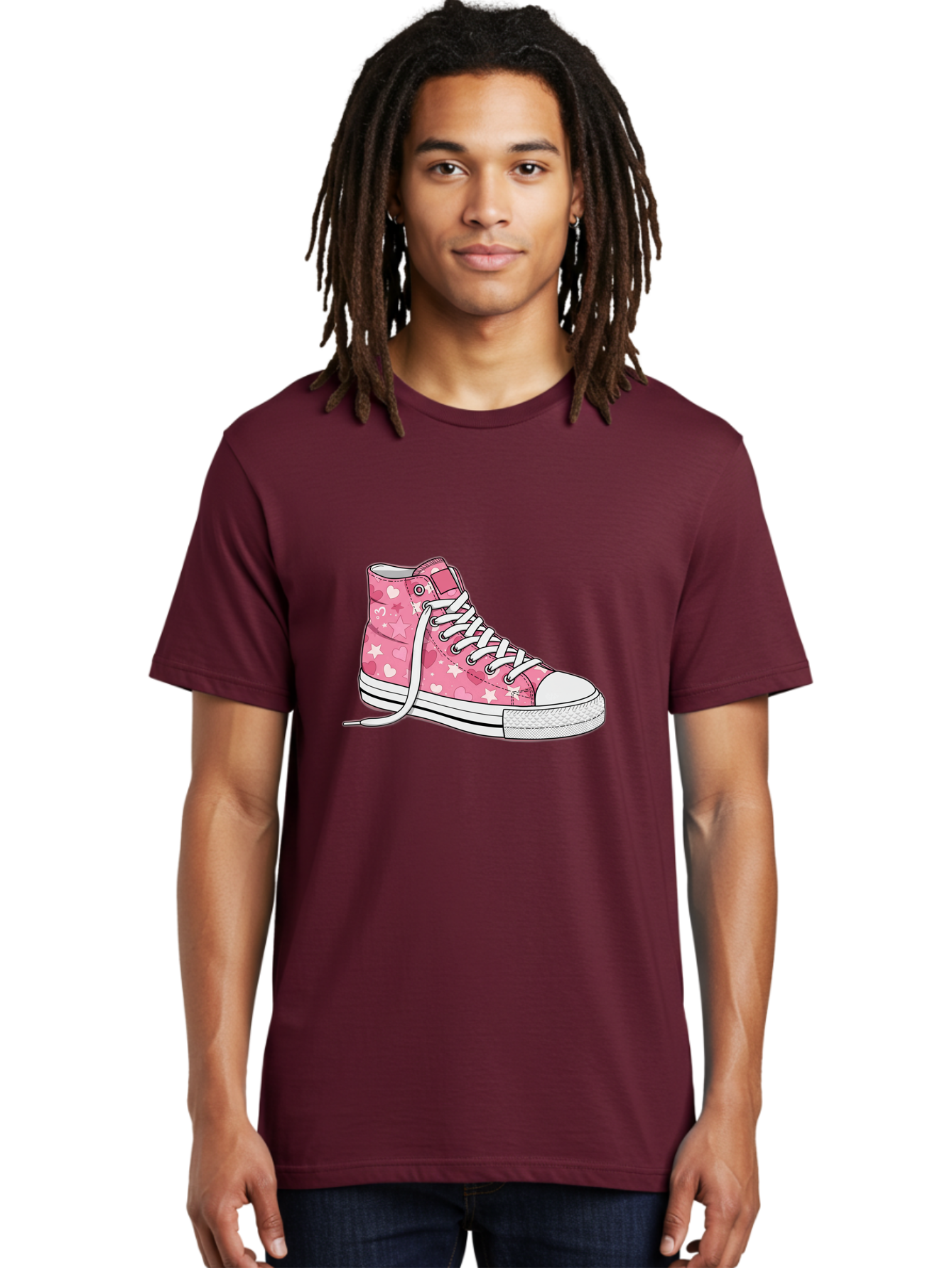 Pink-Heart-Star-Sneaker Men'S Graphic Tee, 100% Cotton, Comfortable Casual Summer Wear, Machine Washable, Pink High-Top Sneaker, White Stars, White Hearts, White Laces, Casual Footwear, Fashion Sneakers, Youth Culture, Cartoon Style, Bab166