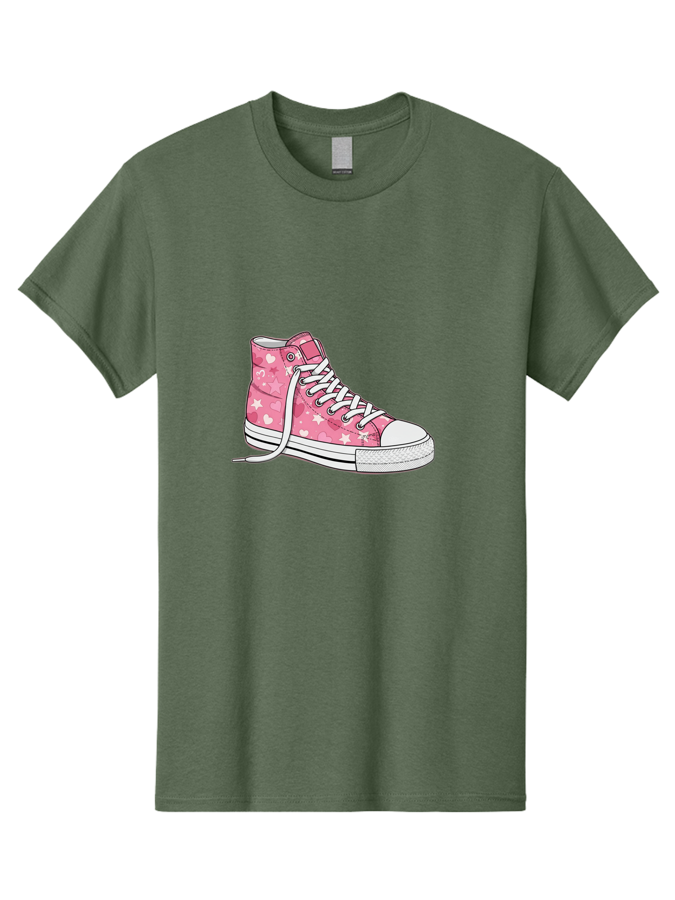 Pink-Heart-Star-Sneaker Men'S Graphic Tee, 100% Cotton, Comfortable Casual Summer Wear, Machine Washable, Pink High-Top Sneaker, White Stars, White Hearts, White Laces, Casual Footwear, Fashion Sneakers, Youth Culture, Cartoon Style, Bab166