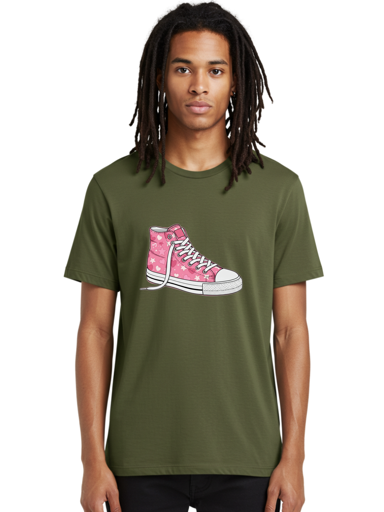Pink-Heart-Star-Sneaker Men'S Graphic Tee, 100% Cotton, Comfortable Casual Summer Wear, Machine Washable, Pink High-Top Sneaker, White Stars, White Hearts, White Laces, Casual Footwear, Fashion Sneakers, Youth Culture, Cartoon Style, Bab166