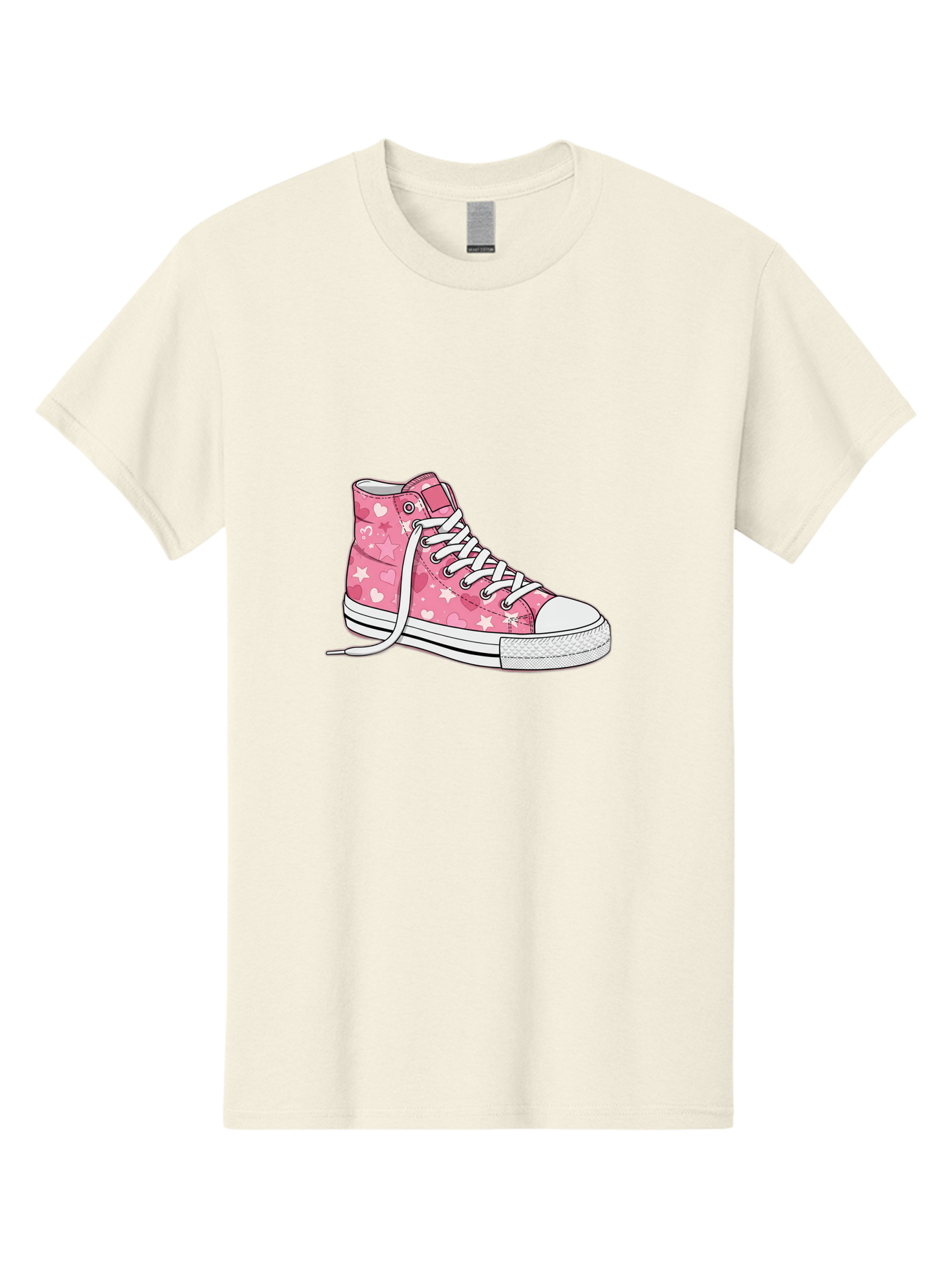 Pink-Heart-Star-Sneaker Men'S Graphic Tee, 100% Cotton, Comfortable Casual Summer Wear, Machine Washable, Pink High-Top Sneaker, White Stars, White Hearts, White Laces, Casual Footwear, Fashion Sneakers, Youth Culture, Cartoon Style, Bab166