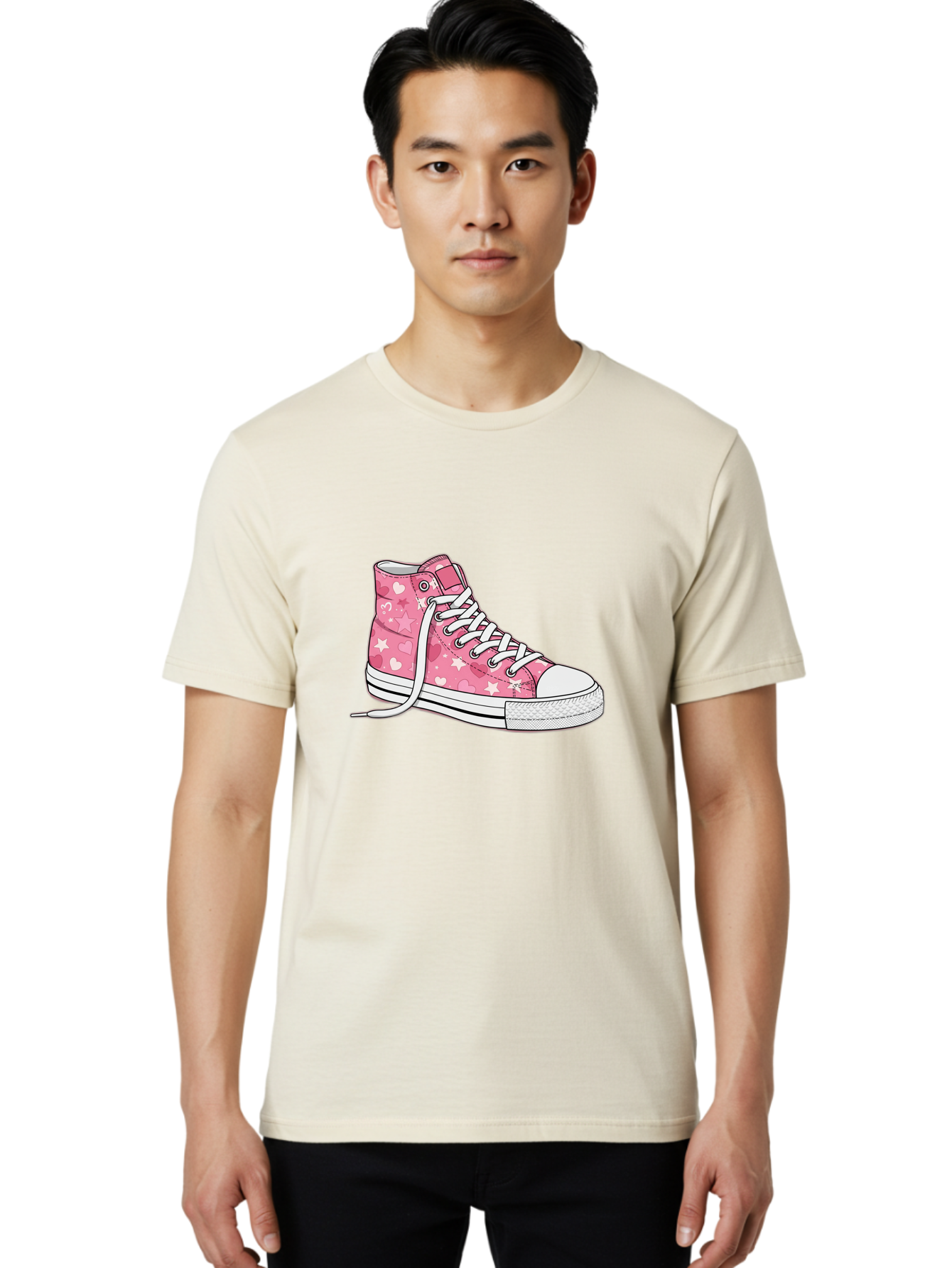 Pink-Heart-Star-Sneaker Men'S Graphic Tee, 100% Cotton, Comfortable Casual Summer Wear, Machine Washable, Pink High-Top Sneaker, White Stars, White Hearts, White Laces, Casual Footwear, Fashion Sneakers, Youth Culture, Cartoon Style, Bab166
