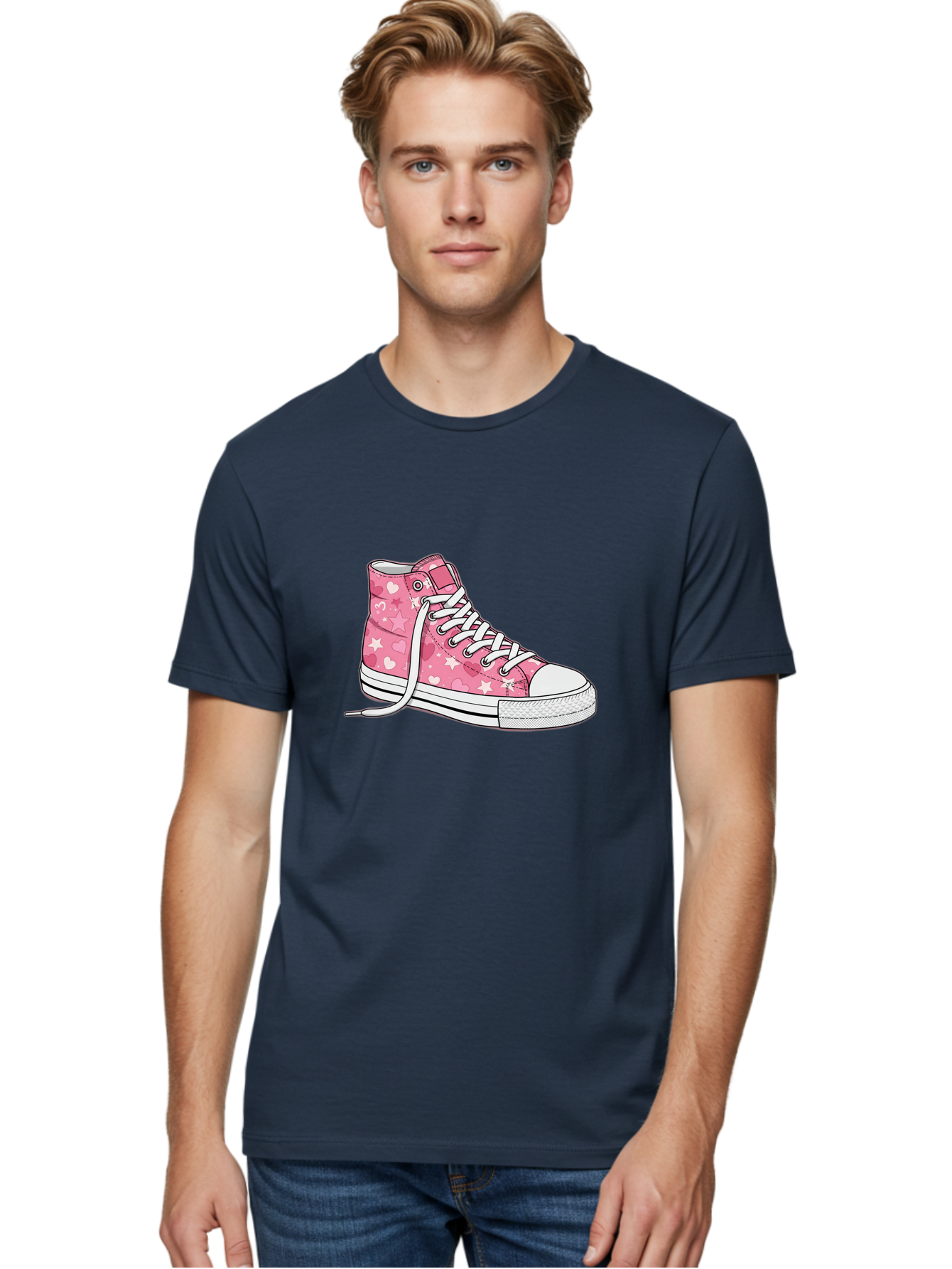 Pink-Heart-Star-Sneaker Men'S Graphic Tee, 100% Cotton, Comfortable Casual Summer Wear, Machine Washable, Pink High-Top Sneaker, White Stars, White Hearts, White Laces, Casual Footwear, Fashion Sneakers, Youth Culture, Cartoon Style, Bab166