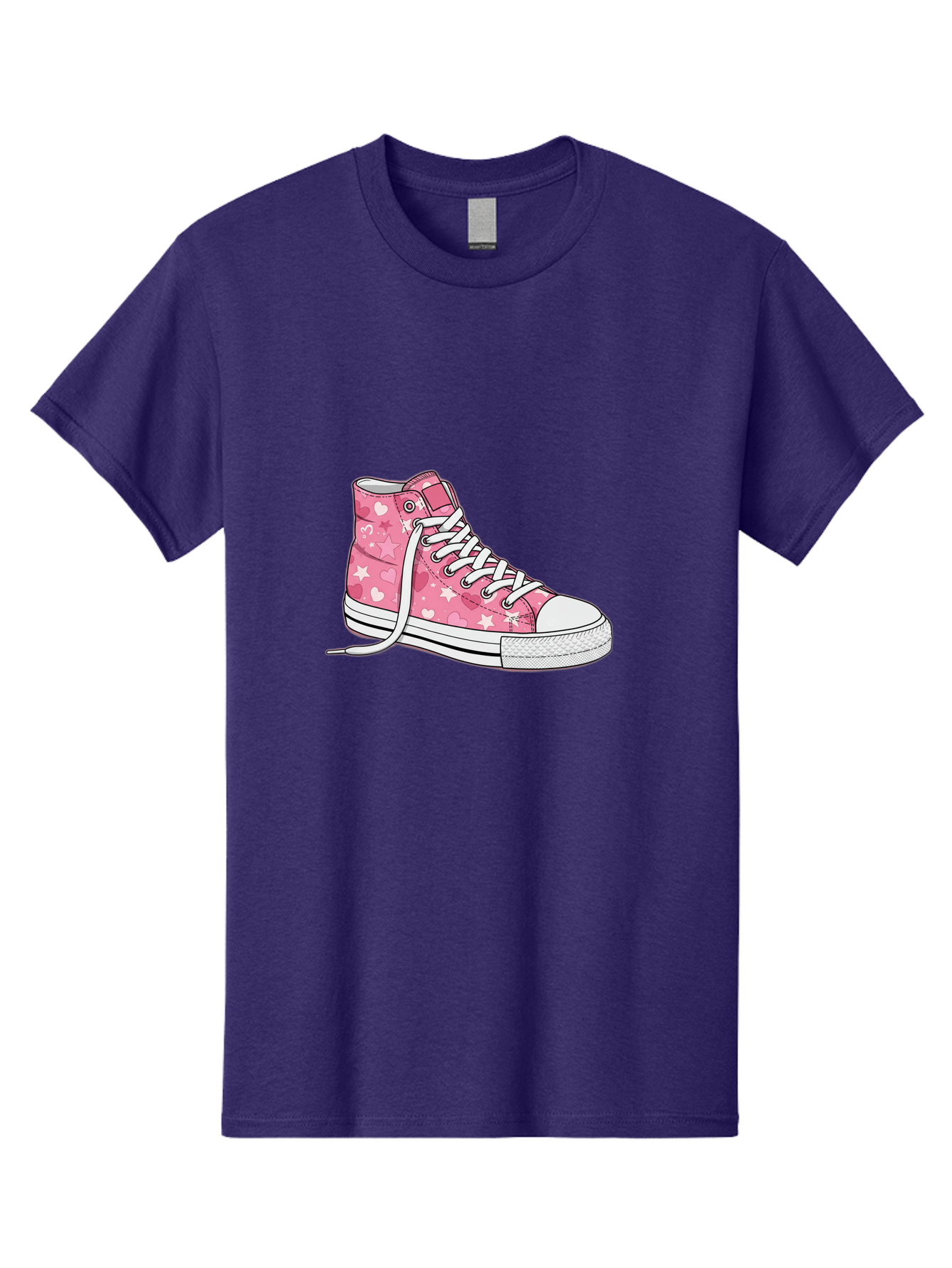 Pink-Heart-Star-Sneaker Men'S Graphic Tee, 100% Cotton, Comfortable Casual Summer Wear, Machine Washable, Pink High-Top Sneaker, White Stars, White Hearts, White Laces, Casual Footwear, Fashion Sneakers, Youth Culture, Cartoon Style, Bab166