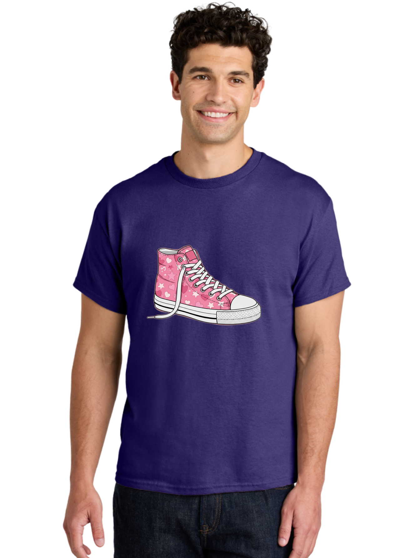 Pink-Heart-Star-Sneaker Men'S Graphic Tee, 100% Cotton, Comfortable Casual Summer Wear, Machine Washable, Pink High-Top Sneaker, White Stars, White Hearts, White Laces, Casual Footwear, Fashion Sneakers, Youth Culture, Cartoon Style, Bab166