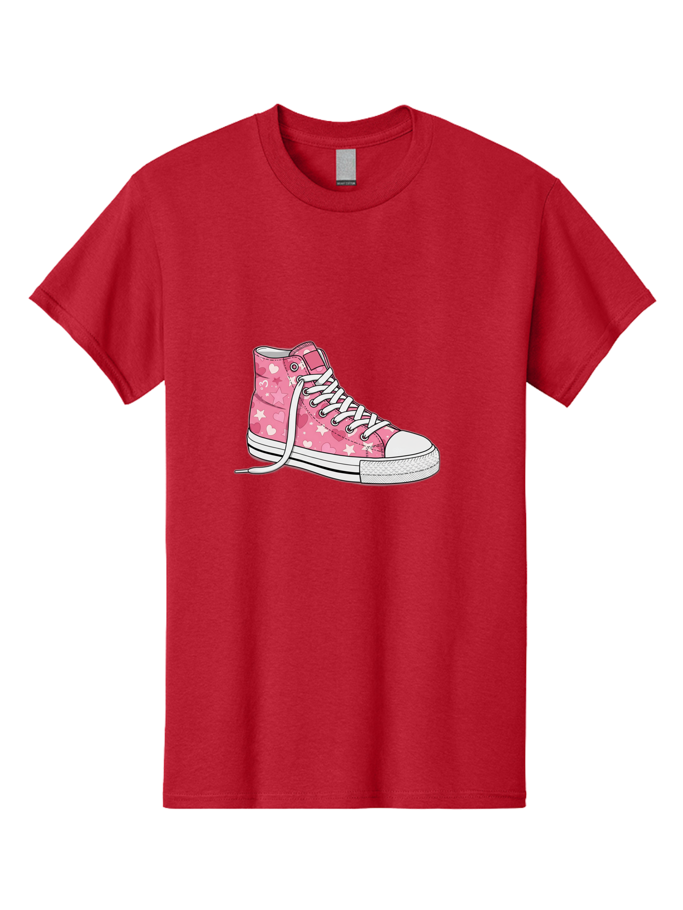 Pink-Heart-Star-Sneaker Men'S Graphic Tee, 100% Cotton, Comfortable Casual Summer Wear, Machine Washable, Pink High-Top Sneaker, White Stars, White Hearts, White Laces, Casual Footwear, Fashion Sneakers, Youth Culture, Cartoon Style, Bab166