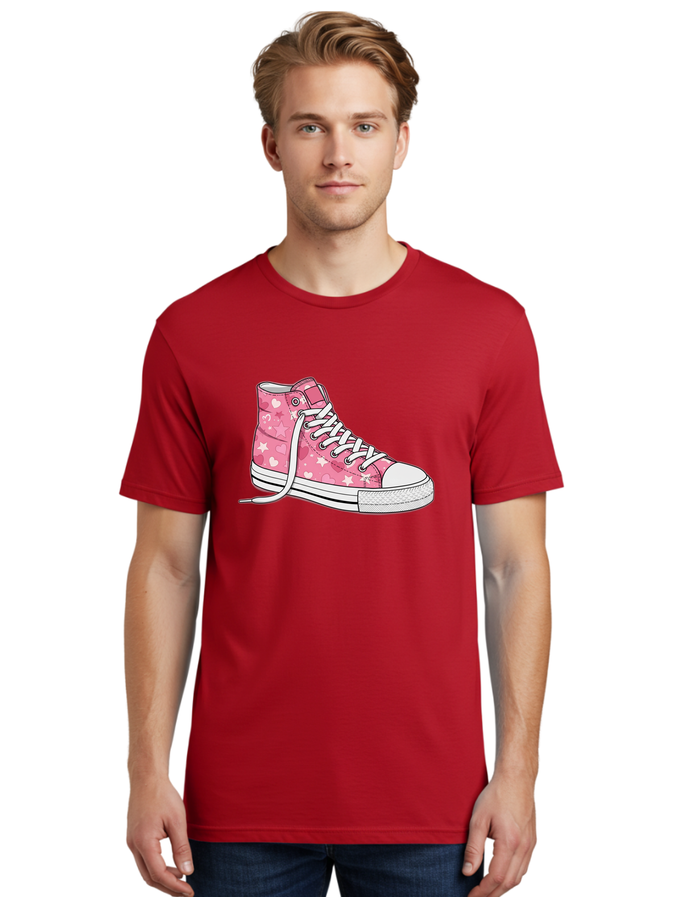 Pink-Heart-Star-Sneaker Men'S Graphic Tee, 100% Cotton, Comfortable Casual Summer Wear, Machine Washable, Pink High-Top Sneaker, White Stars, White Hearts, White Laces, Casual Footwear, Fashion Sneakers, Youth Culture, Cartoon Style, Bab166