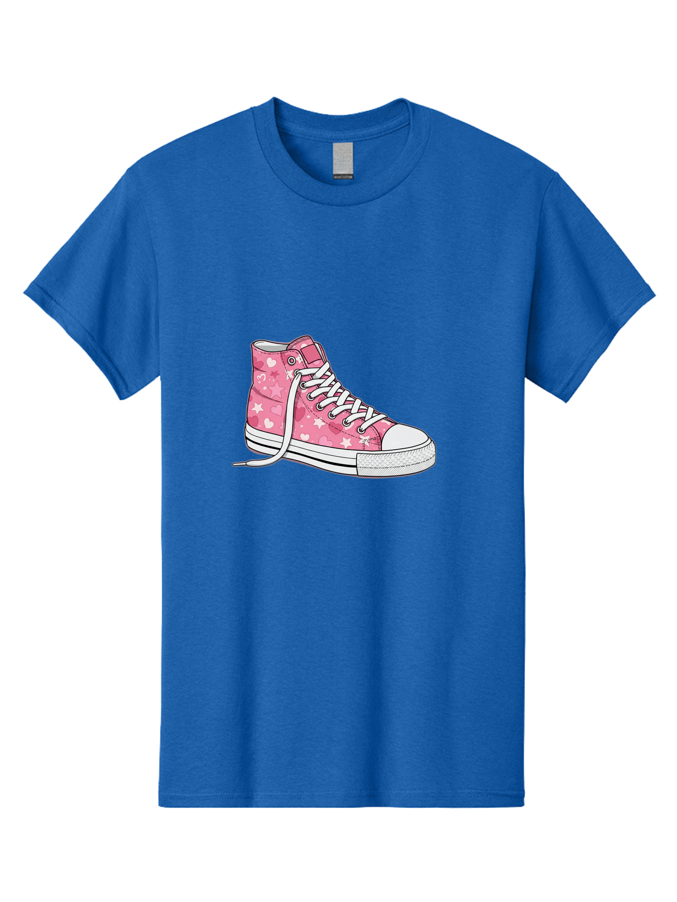 Pink-Heart-Star-Sneaker Men'S Graphic Tee, 100% Cotton, Comfortable Casual Summer Wear, Machine Washable, Pink High-Top Sneaker, White Stars, White Hearts, White Laces, Casual Footwear, Fashion Sneakers, Youth Culture, Cartoon Style, Bab166