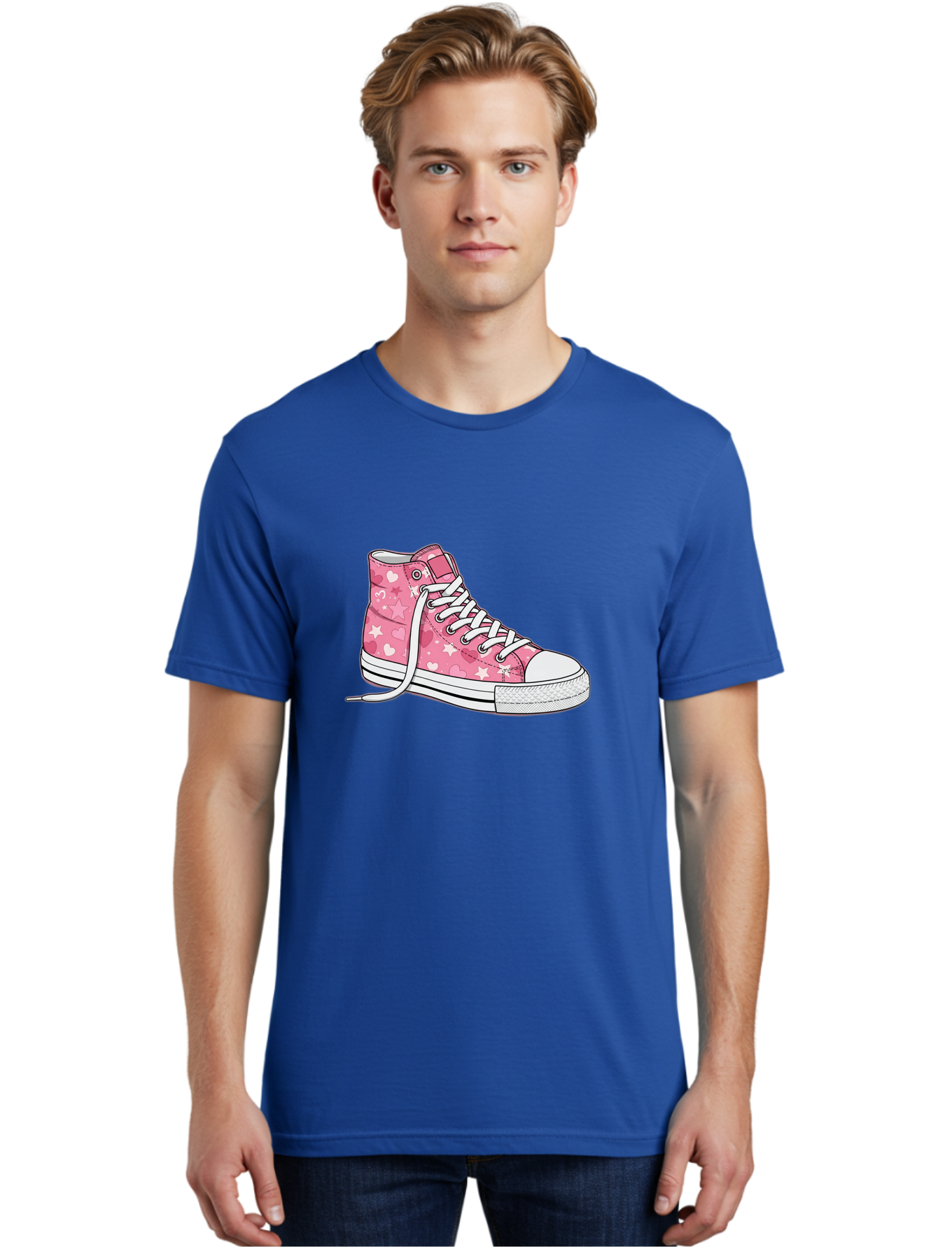 Pink-Heart-Star-Sneaker Men'S Graphic Tee, 100% Cotton, Comfortable Casual Summer Wear, Machine Washable, Pink High-Top Sneaker, White Stars, White Hearts, White Laces, Casual Footwear, Fashion Sneakers, Youth Culture, Cartoon Style, Bab166