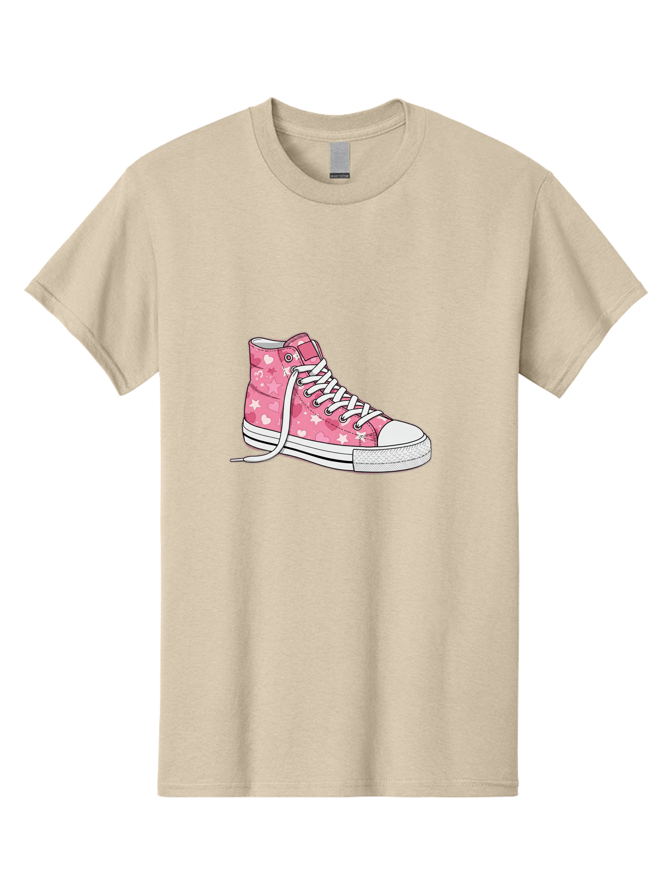 Pink-Heart-Star-Sneaker Men'S Graphic Tee, 100% Cotton, Comfortable Casual Summer Wear, Machine Washable, Pink High-Top Sneaker, White Stars, White Hearts, White Laces, Casual Footwear, Fashion Sneakers, Youth Culture, Cartoon Style, Bab166