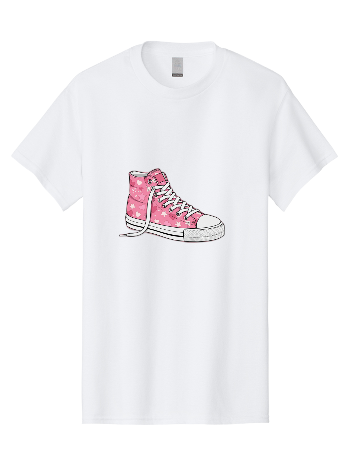 Pink-Heart-Star-Sneaker Men'S Graphic Tee, 100% Cotton, Comfortable Casual Summer Wear, Machine Washable, Pink High-Top Sneaker, White Stars, White Hearts, White Laces, Casual Footwear, Fashion Sneakers, Youth Culture, Cartoon Style, Bab166