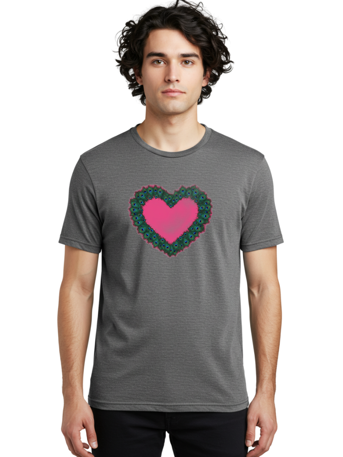 Pink-Heart Men'S Graphic Tee, 100% Cotton, Comfortable Casual Summer Wear, Machine Washable, Heart Shape, Pink Center, Peacock Feathers, Blue Eyespots, Green Hues, Romantic Symbol, Love Heart, Vibrant Colors, Decorative Border, Festive Design, Bab167