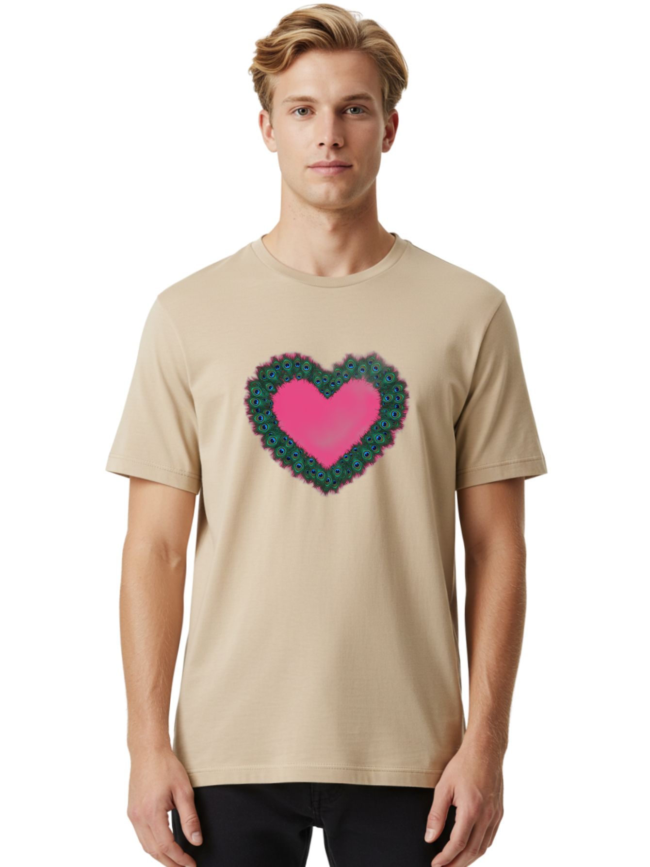 Pink-Heart Men'S Graphic Tee, 100% Cotton, Comfortable Casual Summer Wear, Machine Washable, Heart Shape, Pink Center, Peacock Feathers, Blue Eyespots, Green Hues, Romantic Symbol, Love Heart, Vibrant Colors, Decorative Border, Festive Design, Bab167
