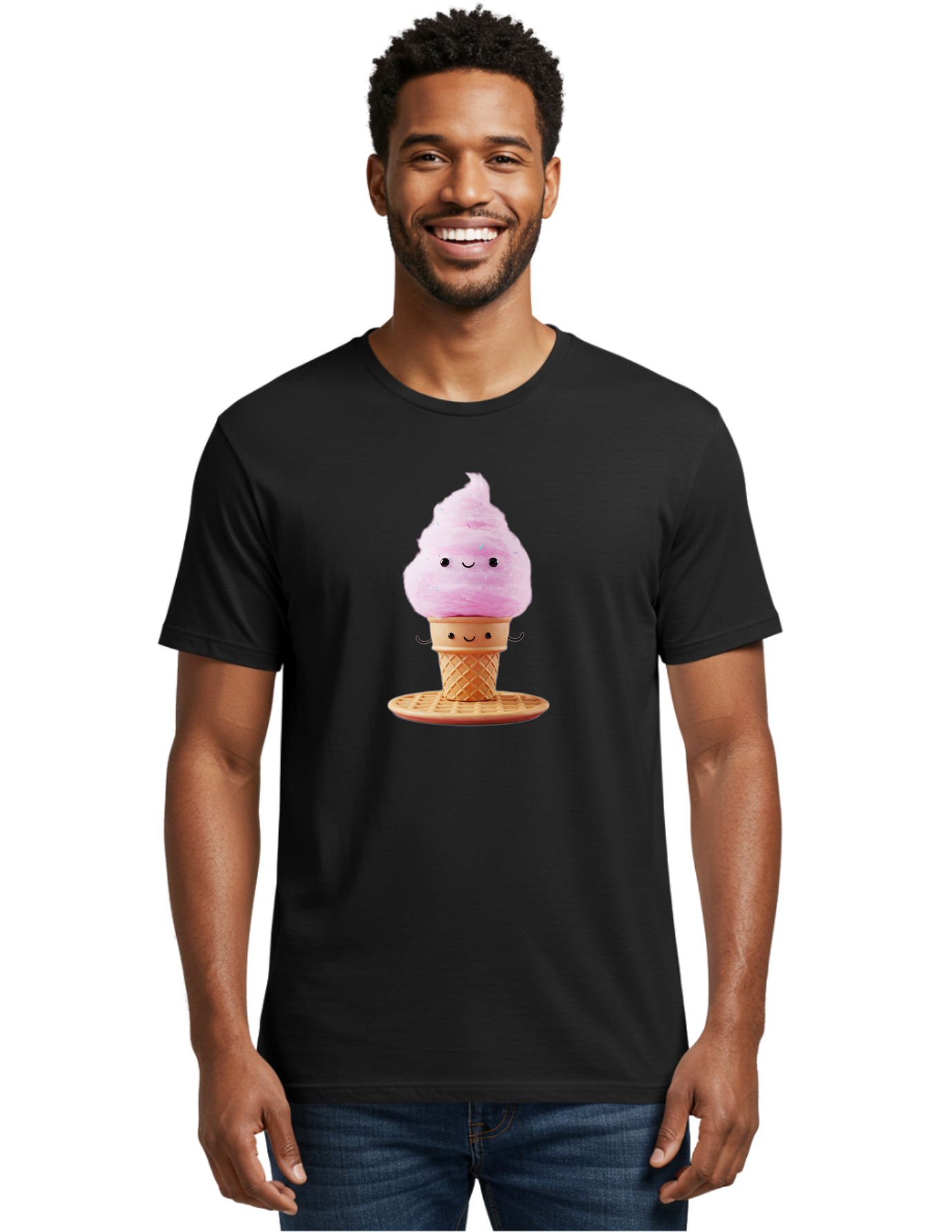 Pink-Ice-Cream-2 Men'S Graphic Tee, 100% Cotton, Comfortable Casual Summer Wear, Machine Washable, Pink Ice Cream, Soft Serve Ice Cream, Happy Face, Kawaii Design, Cute Dessert, Ice Cream Cone, Sweet Treat, Cartoon Character Bab169