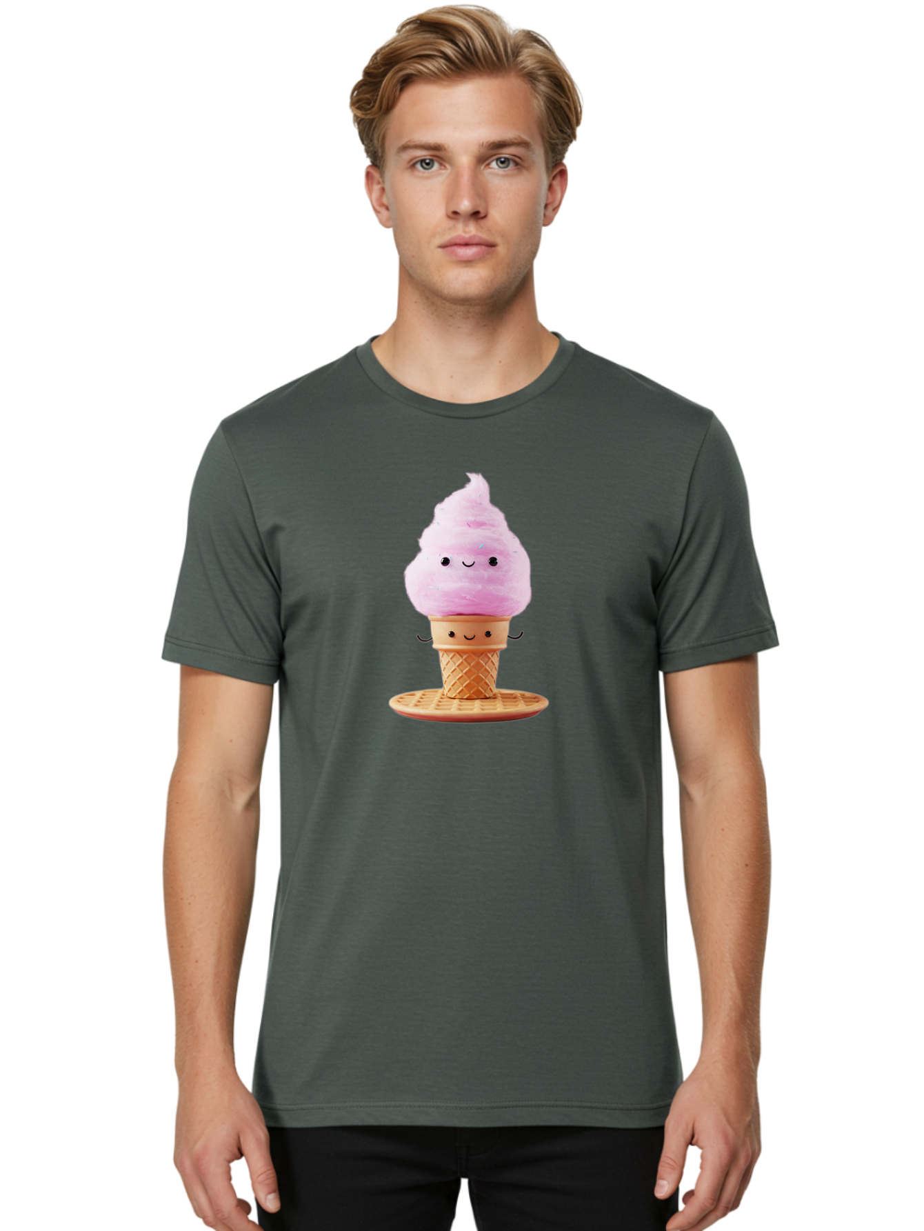 Pink-Ice-Cream-2 Men'S Graphic Tee, 100% Cotton, Comfortable Casual Summer Wear, Machine Washable, Pink Ice Cream, Soft Serve Ice Cream, Happy Face, Kawaii Design, Cute Dessert, Ice Cream Cone, Sweet Treat, Cartoon Character Bab169